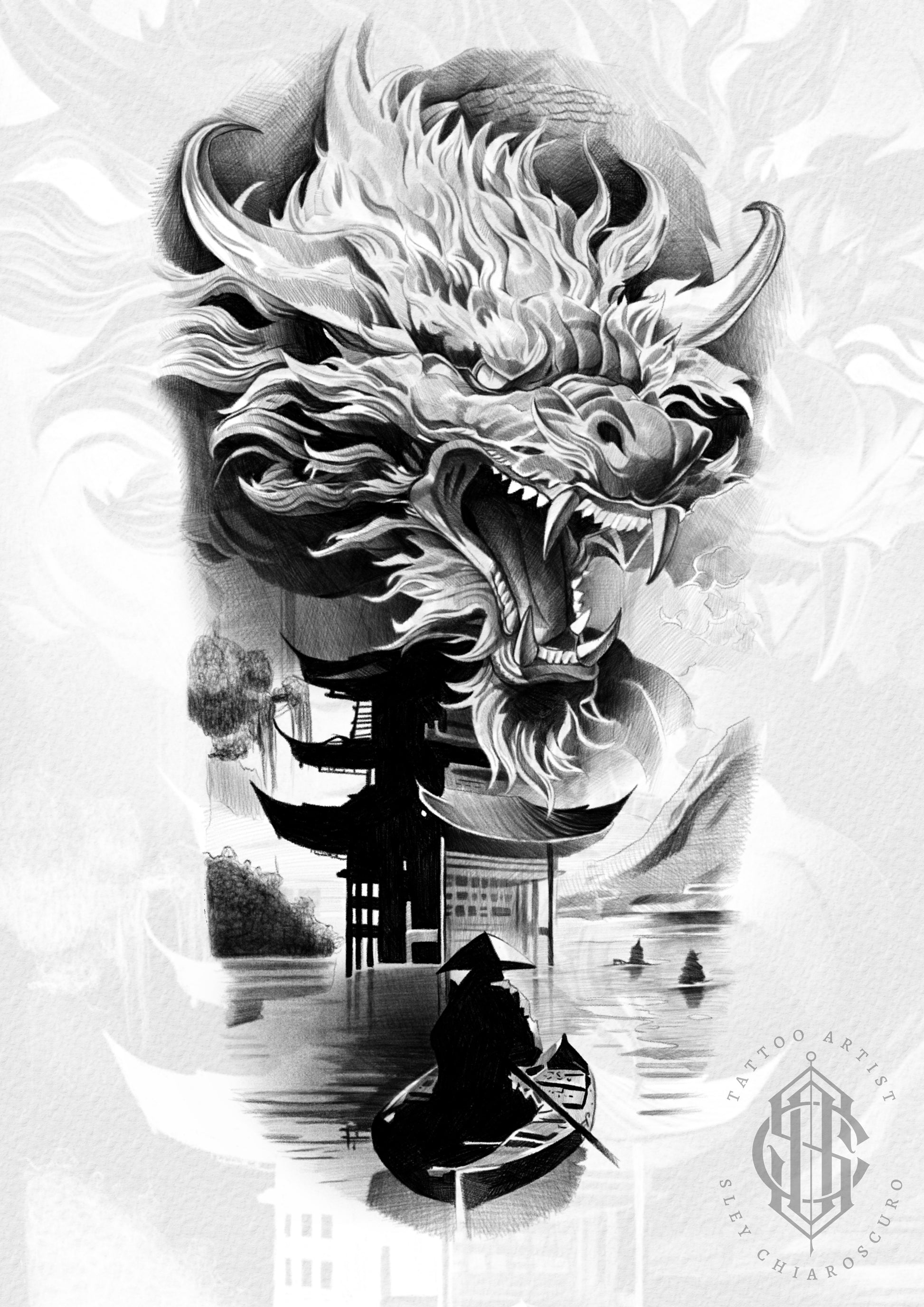 Tattoo design by Edi featuring a roaring Eastern dragon over a river landscape with a lone figure in a boat and a towering pagoda

