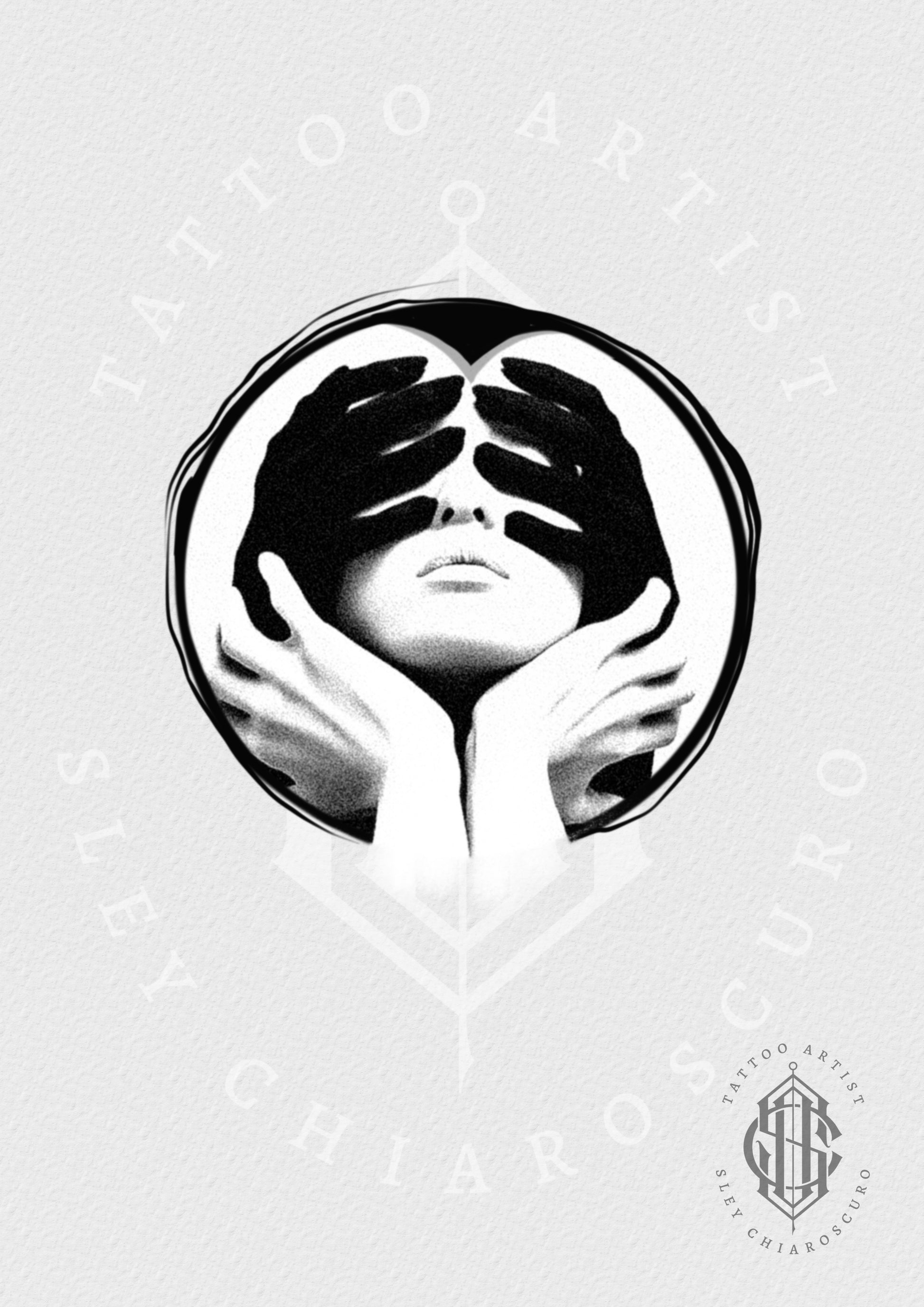 Surreal blackwork tattoo design by Edi showing hands covering a face in high-contrast black and grey


