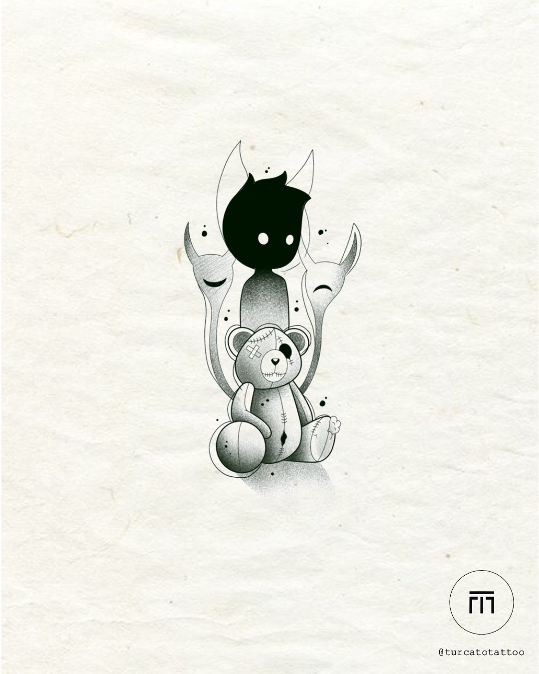 Haunted Plush tattoo flash by Mateus T. – stitched teddy bear with spirit figures, surreal blackwork design at The Ink Factory Dublin

