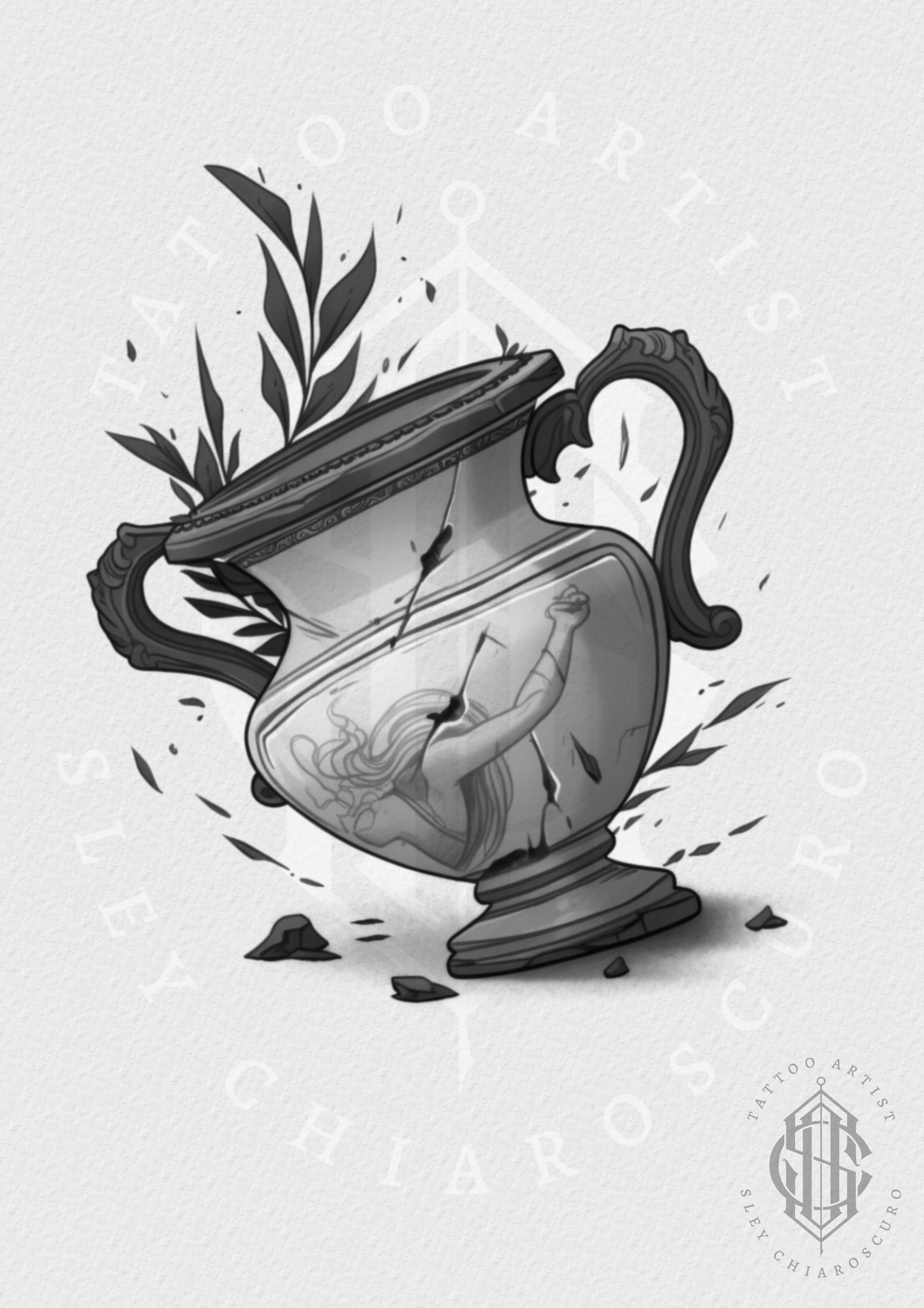 Tattoo design by Edi showing a cracked amphora with a classical figure reaching from within, surrounded by leaves

