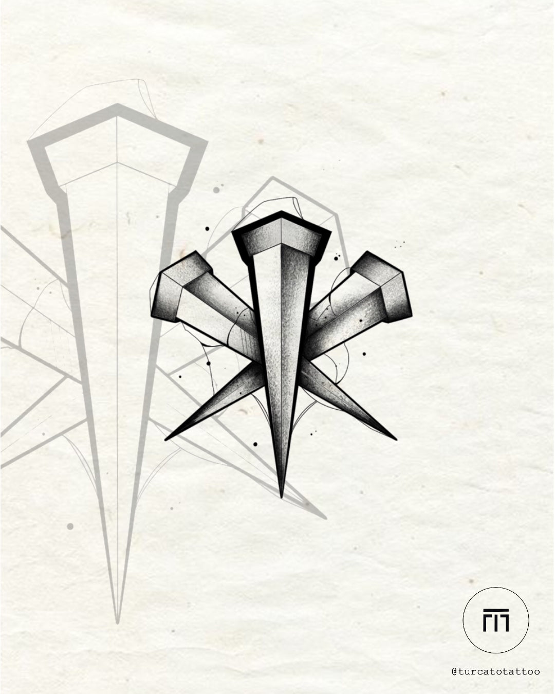 Iron Sigil tattoo flash by Mateus T. – three forged nails in sacred symbol, blackwork design at The Ink Factory Dublin

