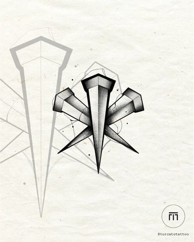 Iron Sigil tattoo flash by Mateus T. – three forged nails in sacred symbol, blackwork design at The Ink Factory Dublin

