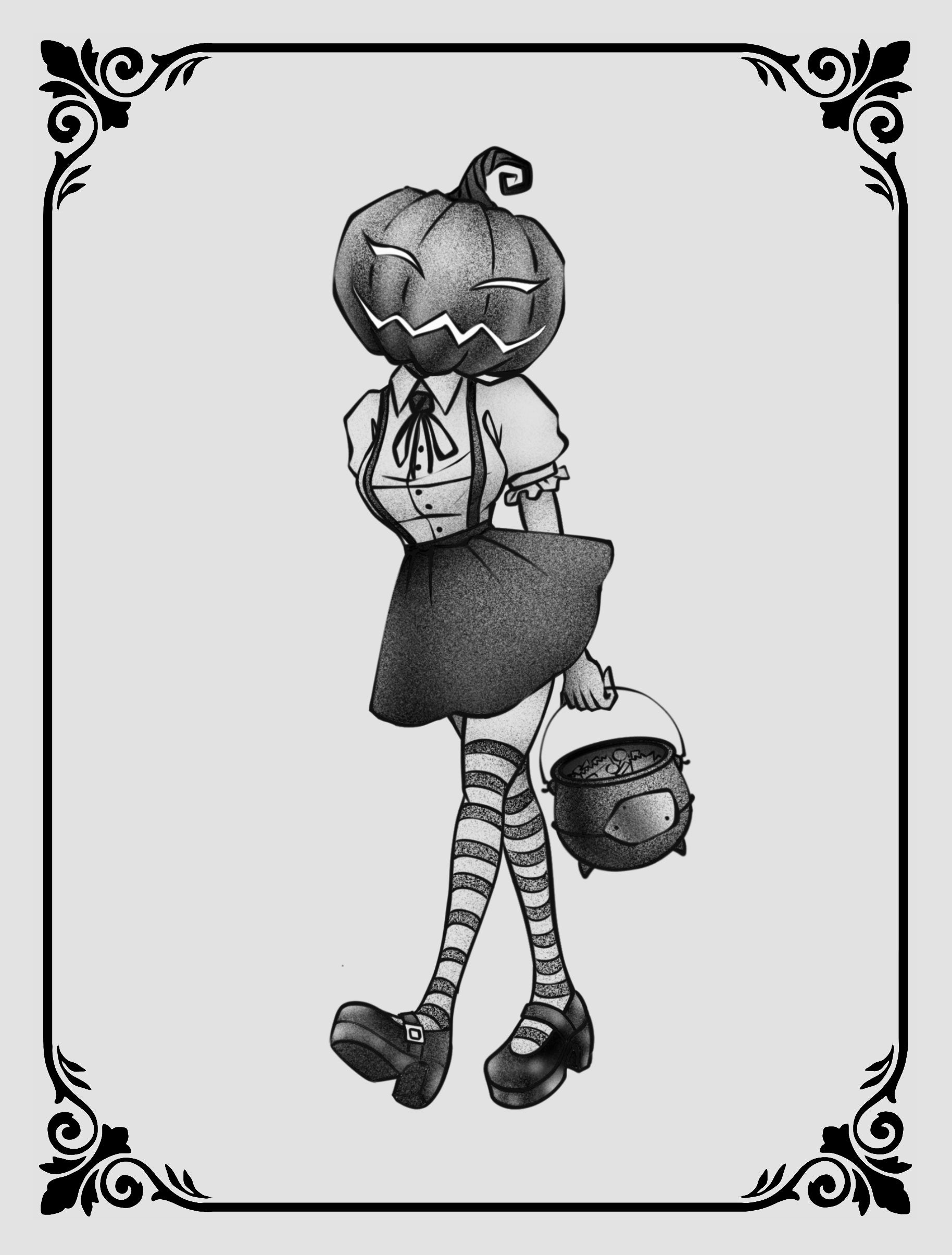 Tattoo flash of Jack-O'-Lantern Girl by JPD with witchy, autumn-themed design