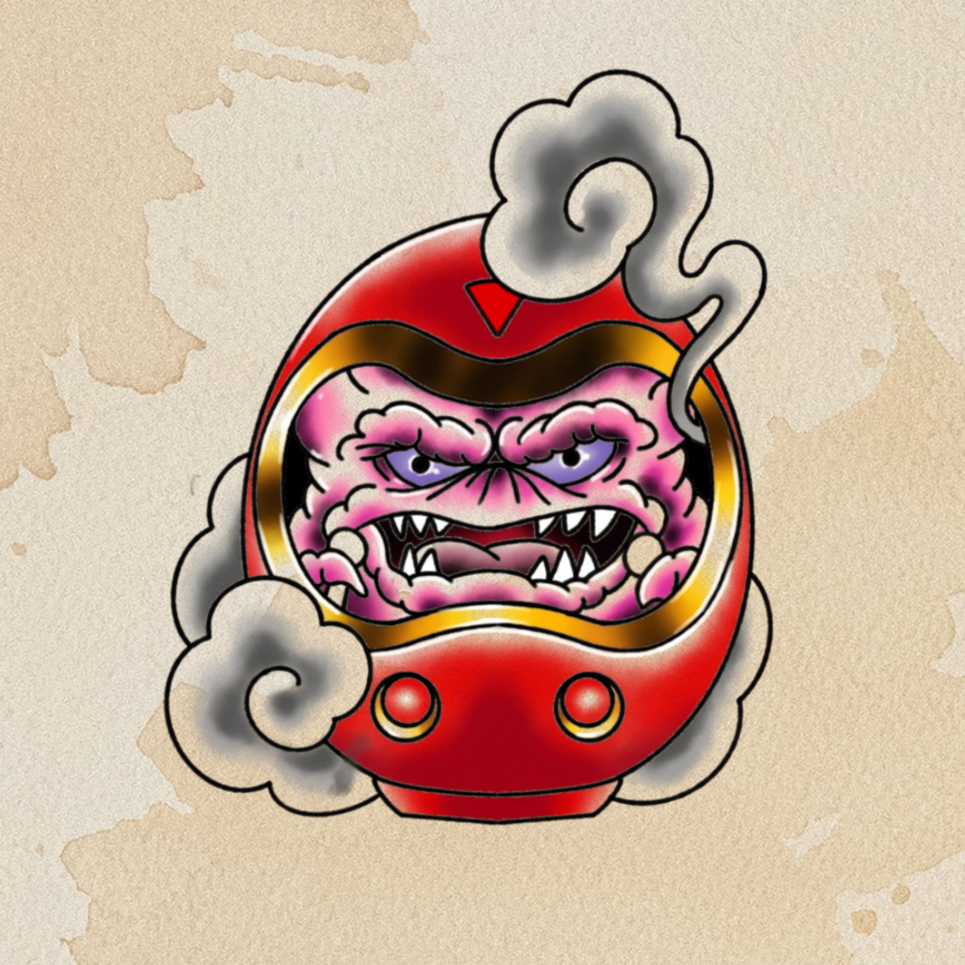 Krang Daruma TMNT flash tattoo by Sham B in bold black and red, blending retro cartoon villain with traditional Japanese daruma style, exclusive to The Ink Factory Dublin

