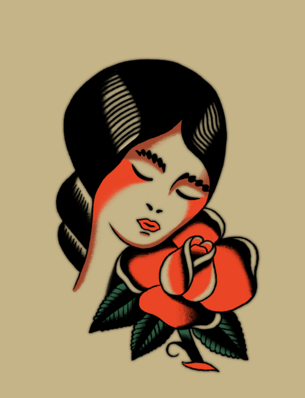 Lady and Rose Tattoo Design by Mario – Blackwork Portrait Flash at The Ink Factory Dublin