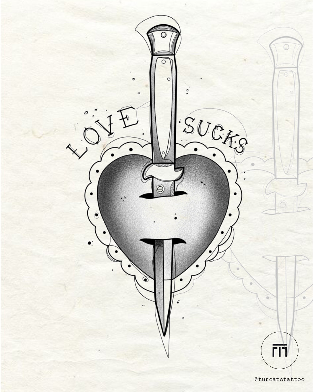 Love Sucks flash tattoo with dagger through heart by Mateus T. – ironic blackwork design at The Ink Factory Dublin

