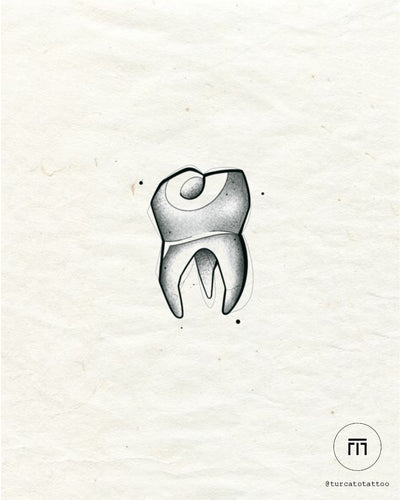 Molar Mark flash tattoo by Mateus T. – surreal blackwork tooth design at The Ink Factory Dublin


