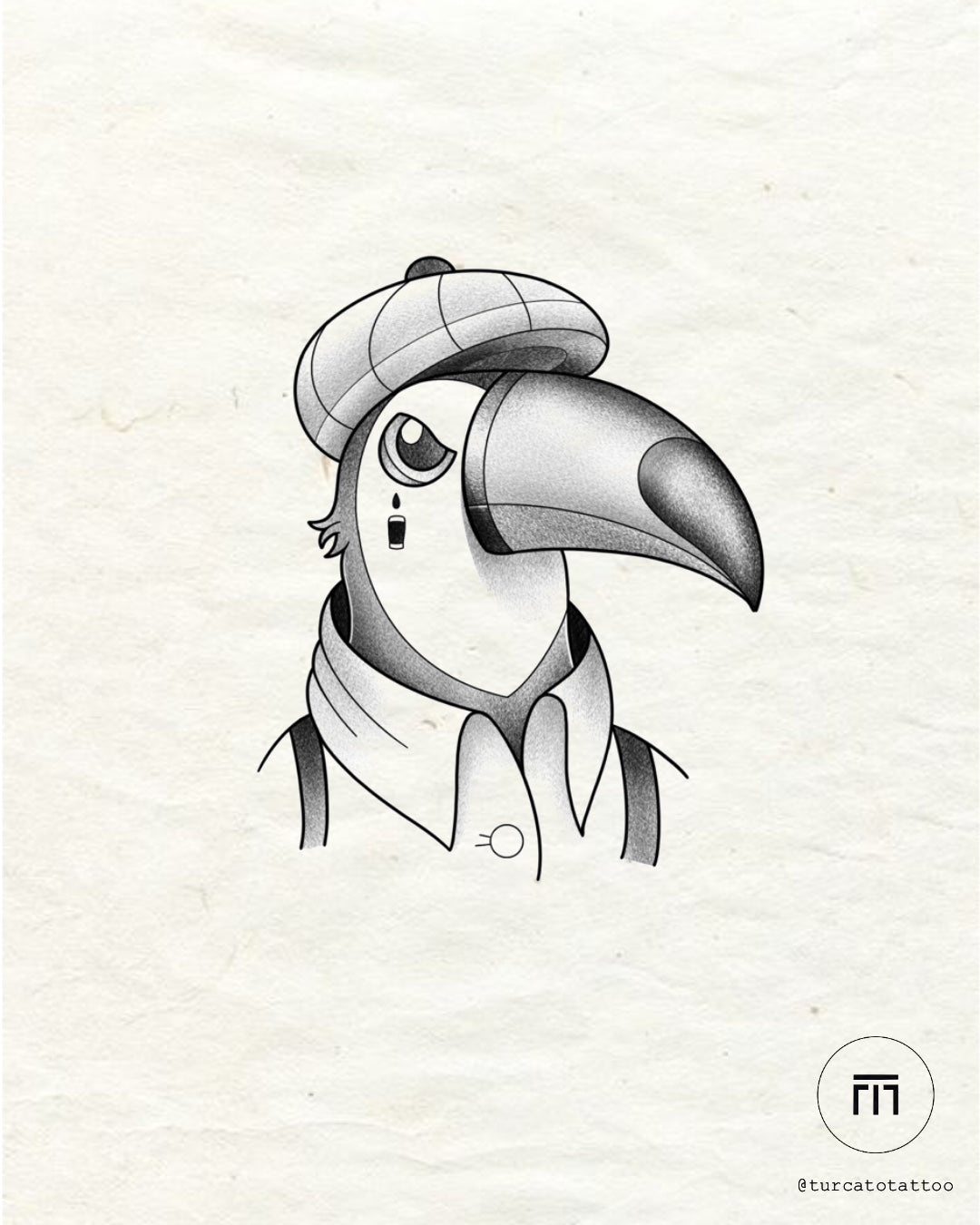 Monsieur Beak toucan tattoo flash by Mateus T. – blackwork bird in beret and scarf, The Ink Factory Dublin