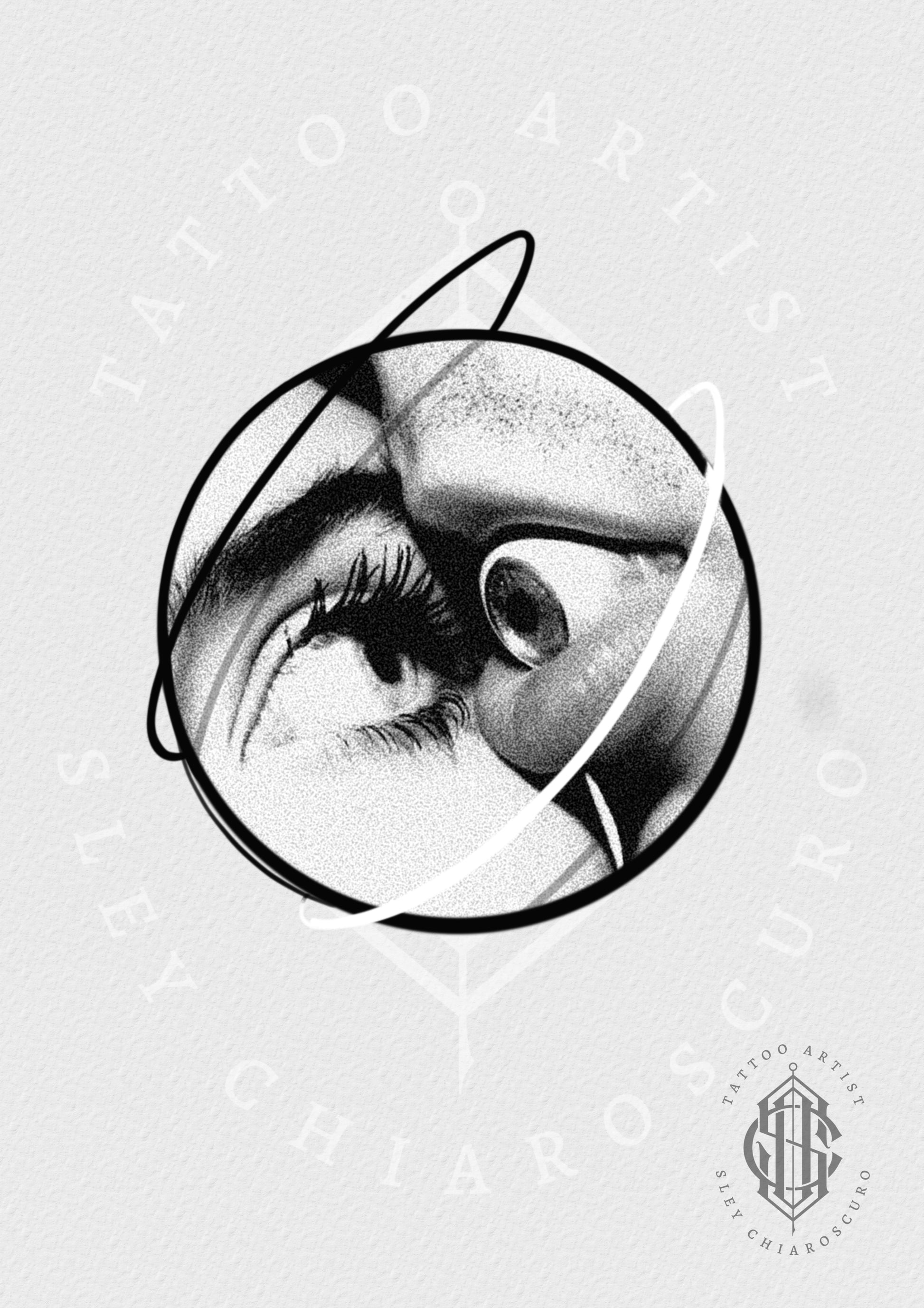 Tattoo design by Edi showing hyper-realistic eye with fingers pulling at eyelid, surrounded by abstract line

