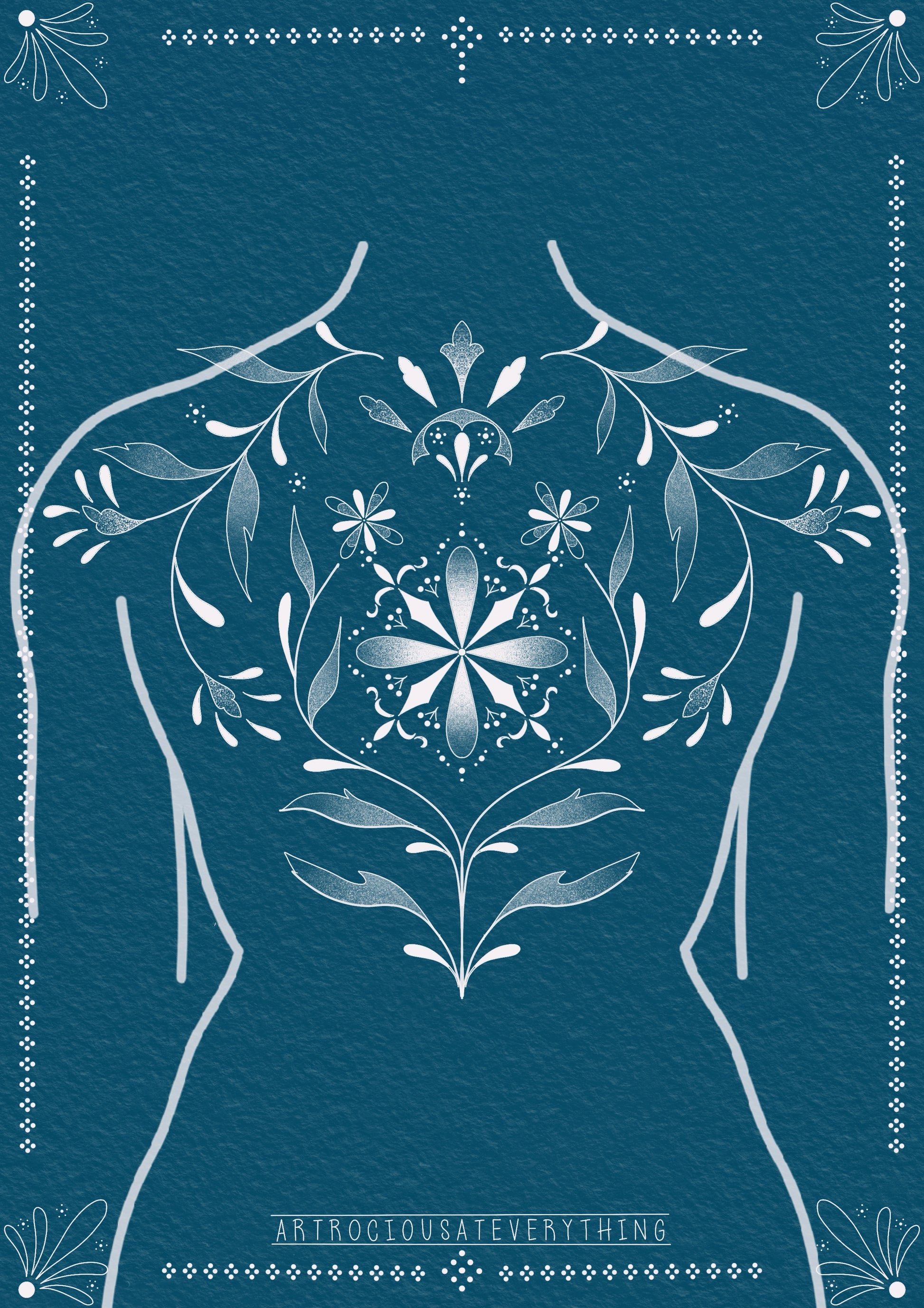 Ornamental back tattoo design by Jess featuring fine linework and surreal feminine detailing – The Ink Factory Dublin
