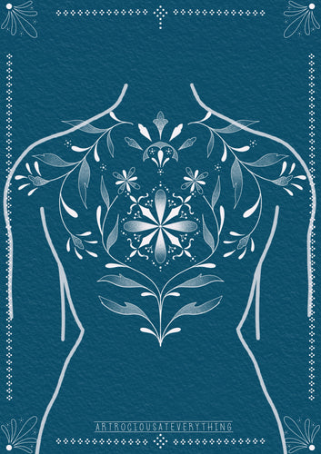 Ornamental back tattoo design by Jess featuring fine linework and surreal feminine detailing – The Ink Factory Dublin
