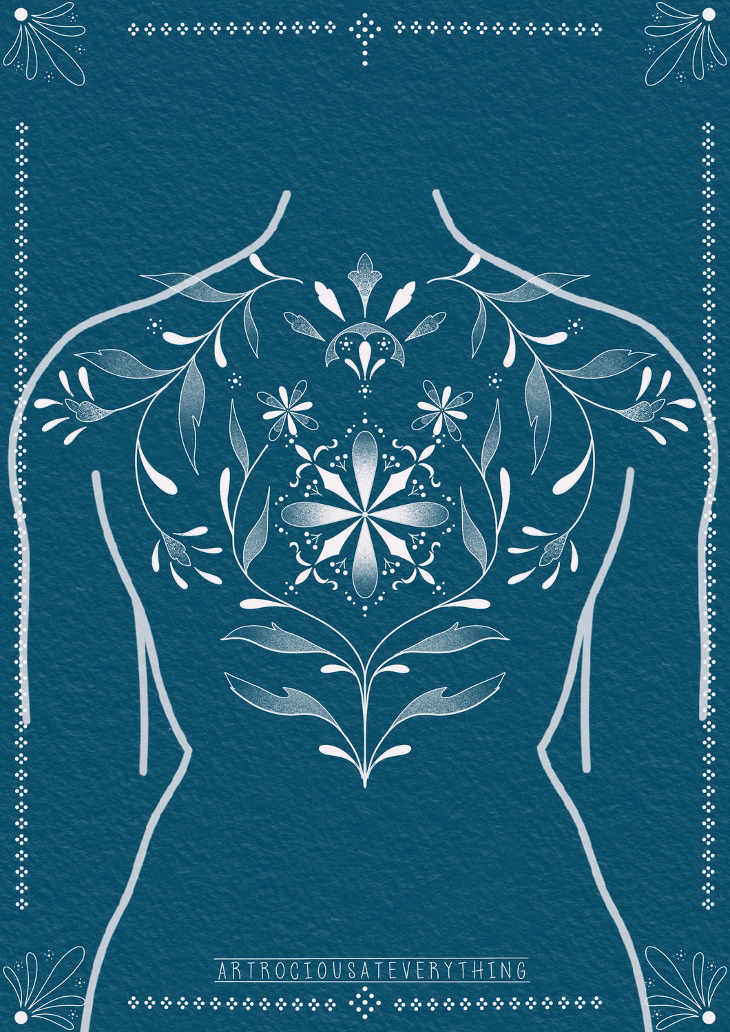 Ornamental back tattoo design by Jess featuring fine linework and surreal feminine detailing – The Ink Factory Dublin
