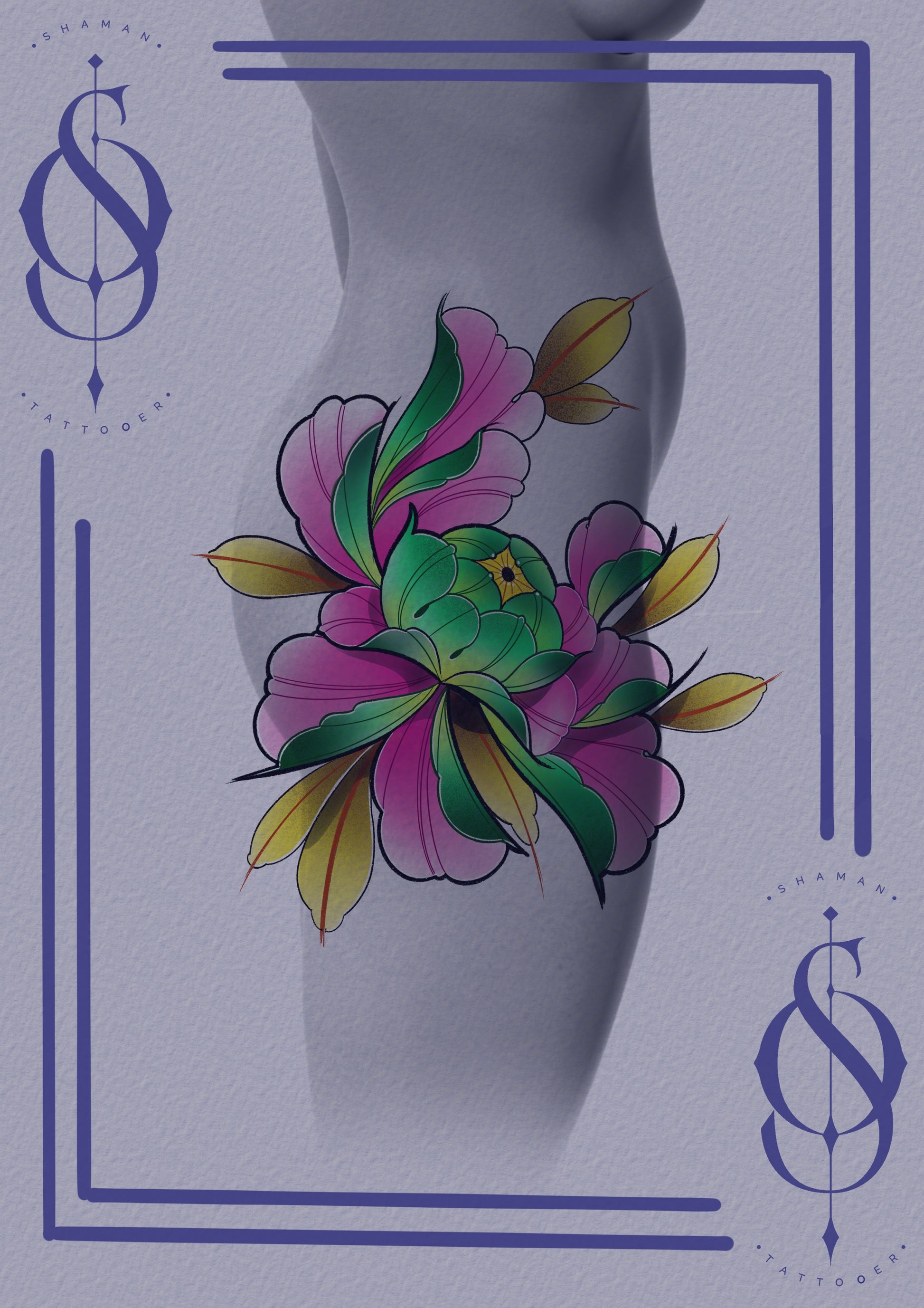 Peony flower tattoo in ornamental style by Emmanuel, full bloom with colour gradients and fine detail, exclusive to The Ink Factory Dublin.

