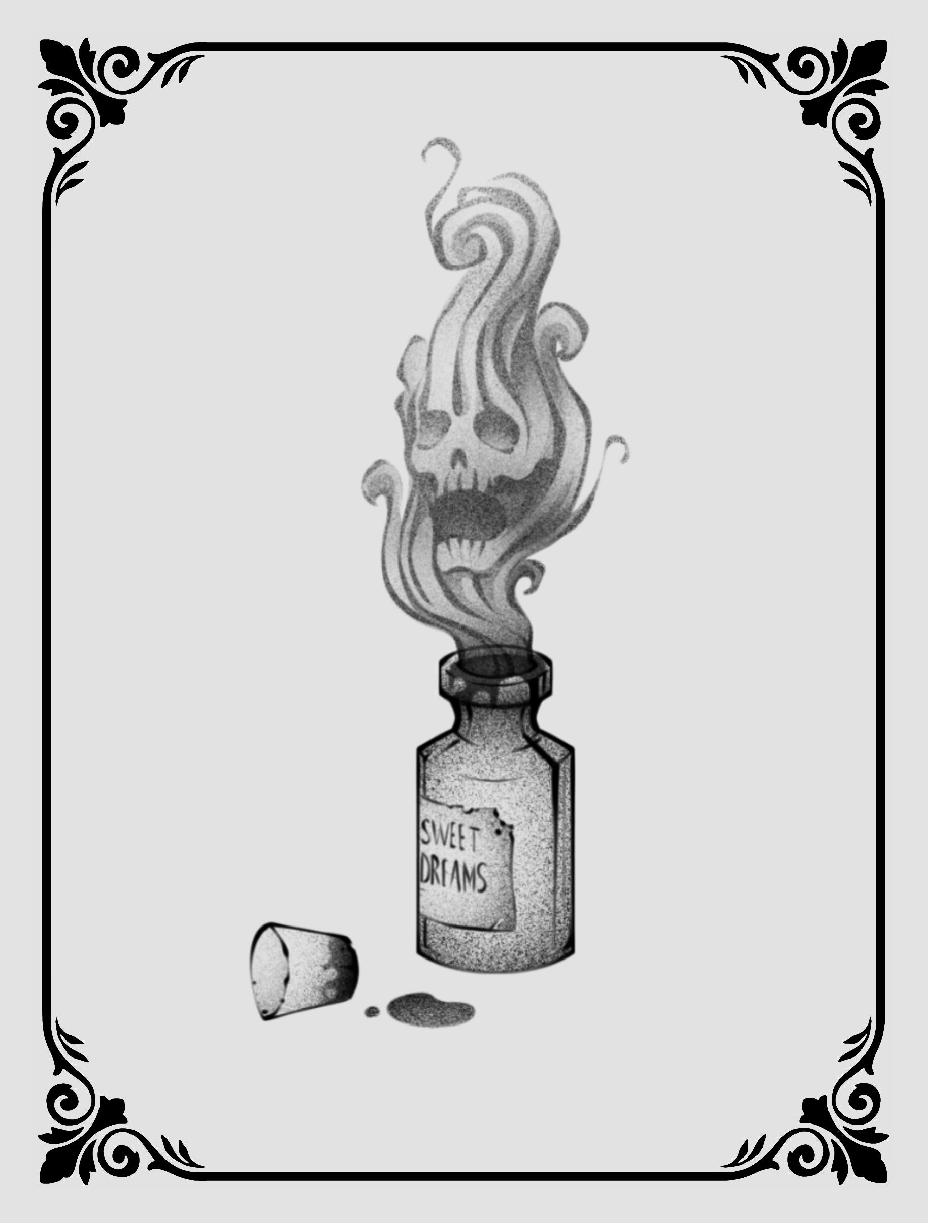 Poison bottle tattoo flash by JPD with gothic styling and decorative elements