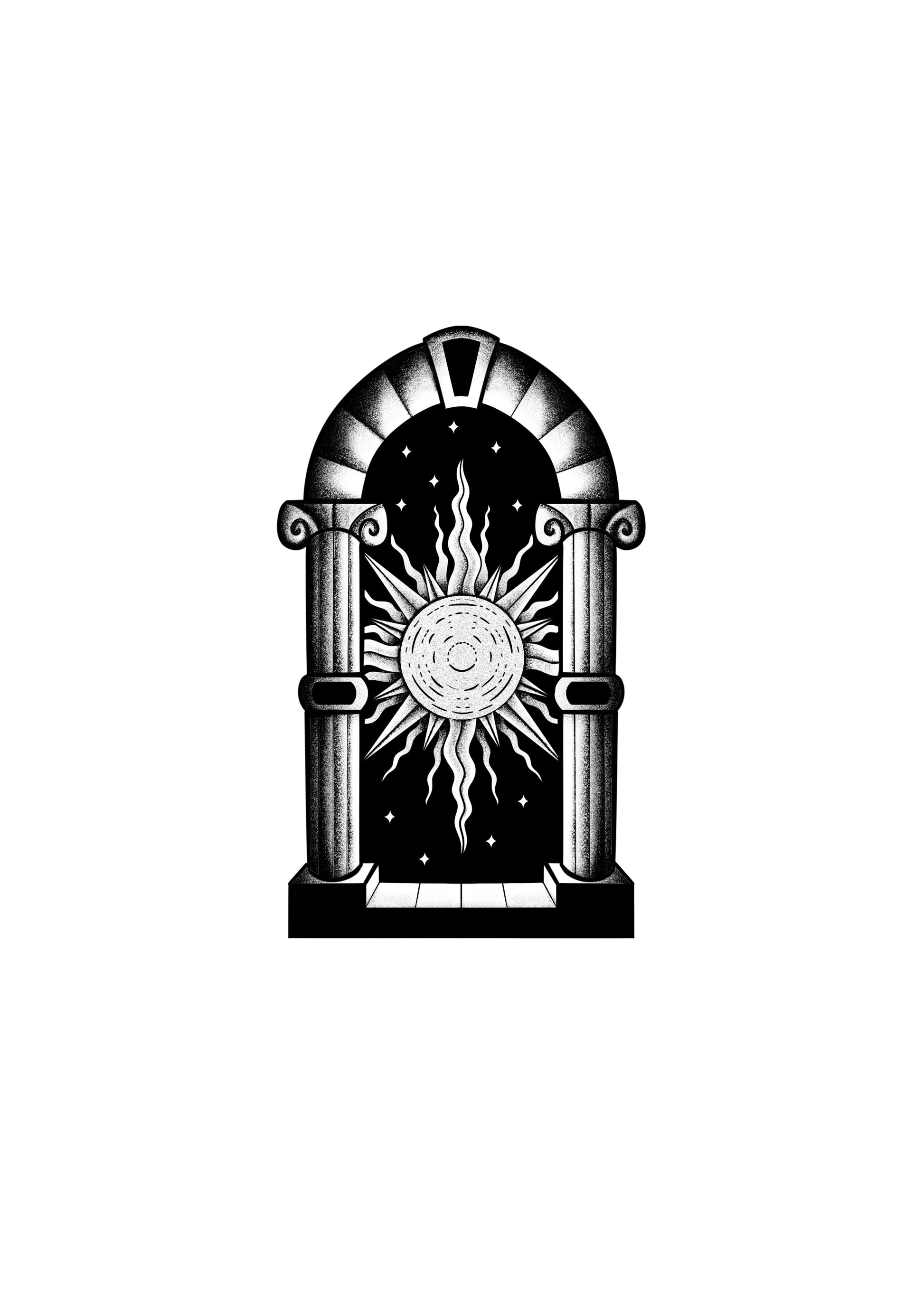 Blackwork tattoo of a sun behind a classical arched doorway by Mateus Luis