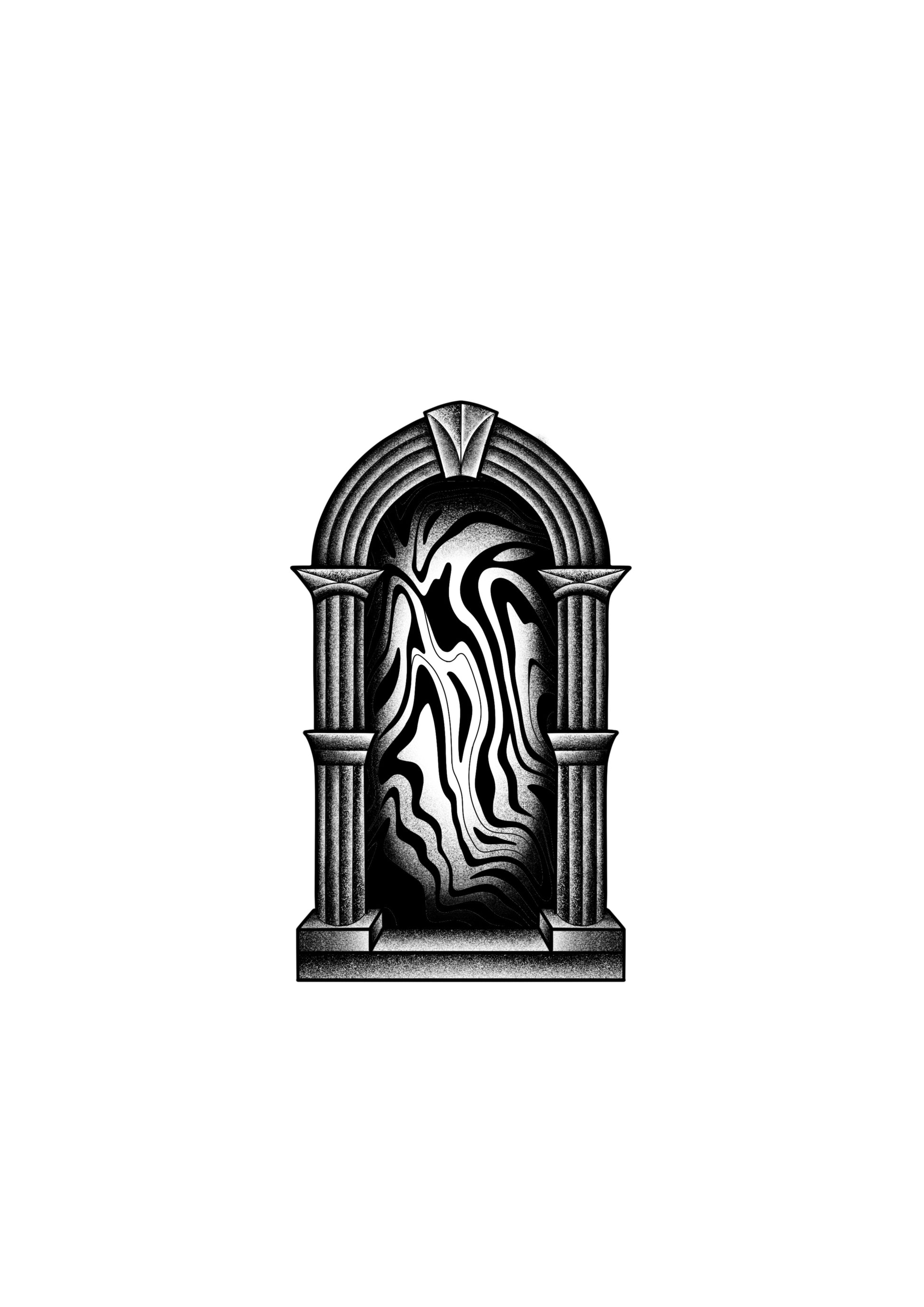 Swirling abstract portal door tattoo design by Mateus Luis in blackwork style