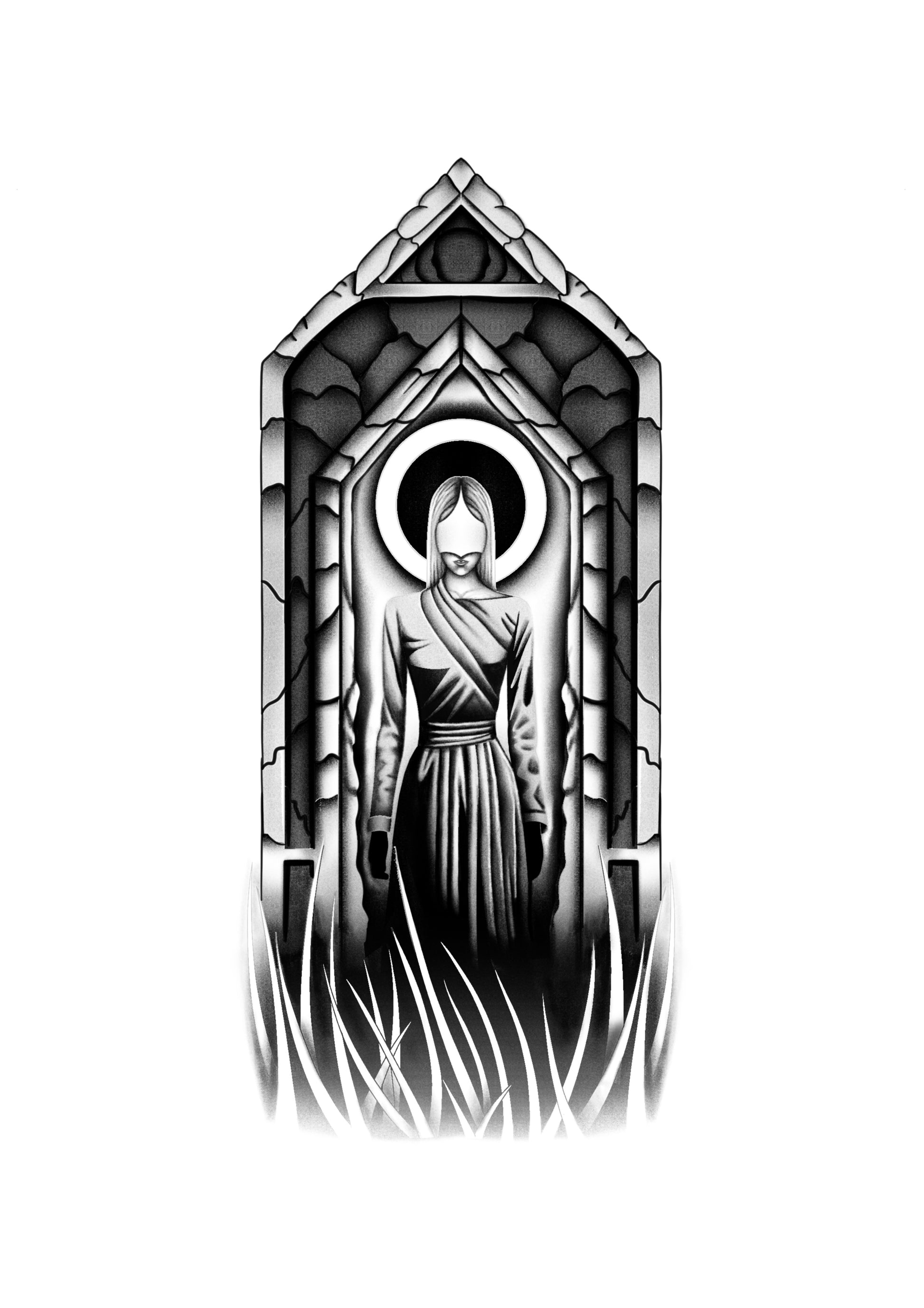 Mystical maiden in blackwork style standing inside a sacred portal by Mateus Luis