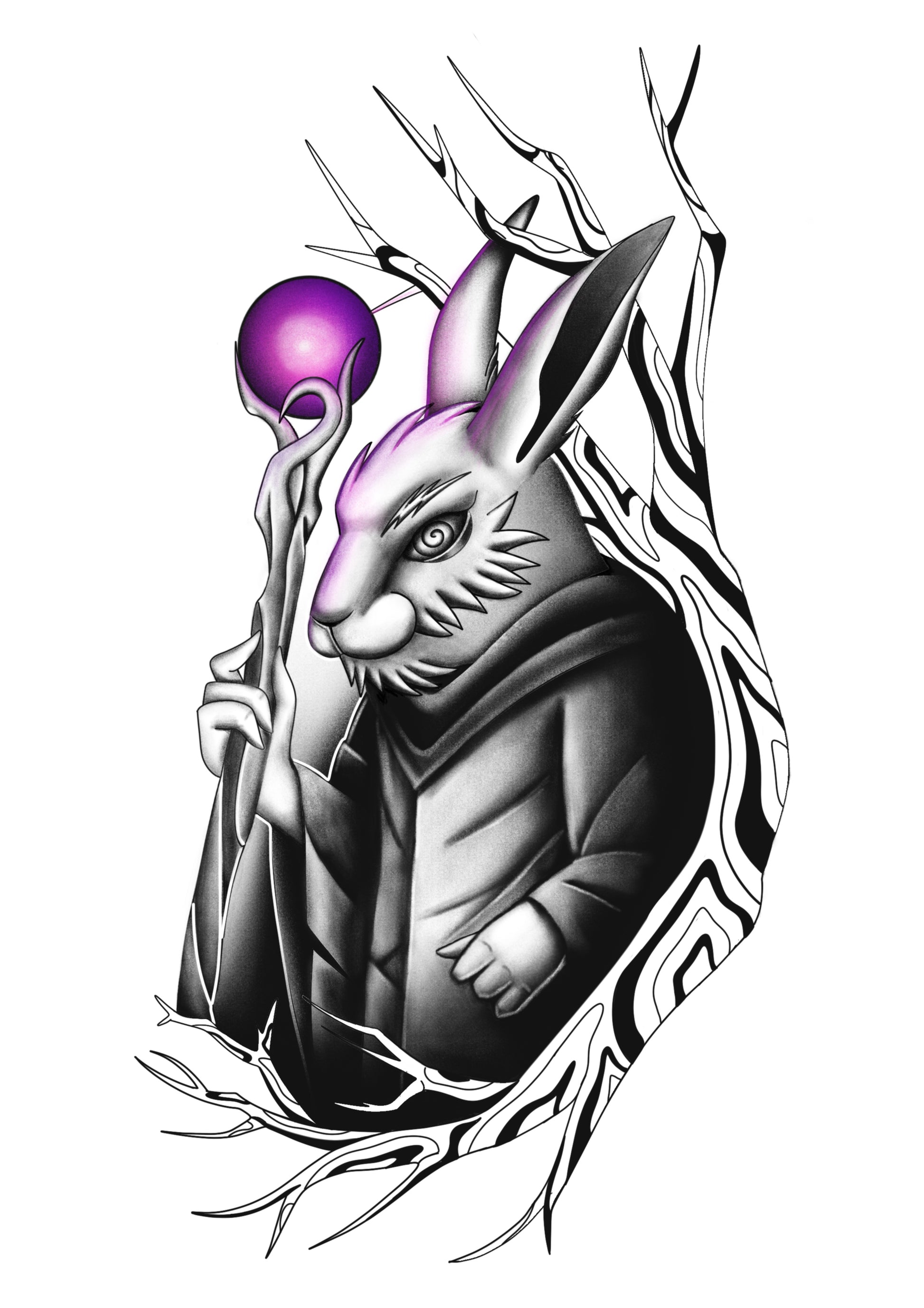 Fantasy rabbit wizard tattoo flash by Mateus Luis in blackwork style