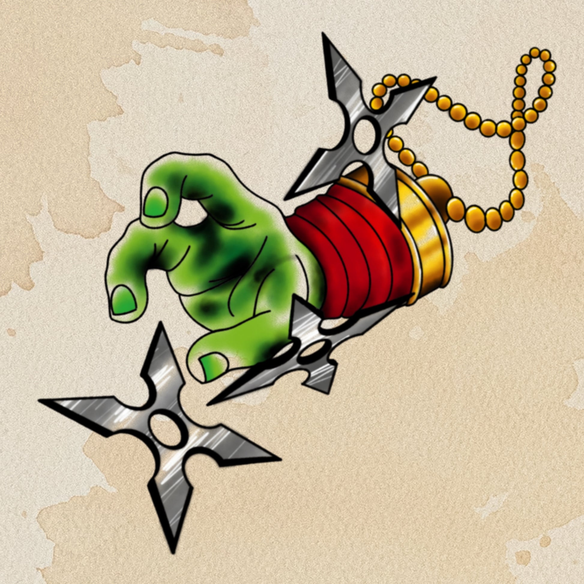 Raphael Shuriken TMNT flash tattoo by Sham B in bold black and red, featuring retro cartoon ninja turtle design, exclusive to The Ink Factory Dublin