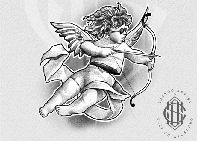 Tattoo design by Edi of a flying cherub wearing sunglasses, holding a bow and arrow in a playful black and grey style

