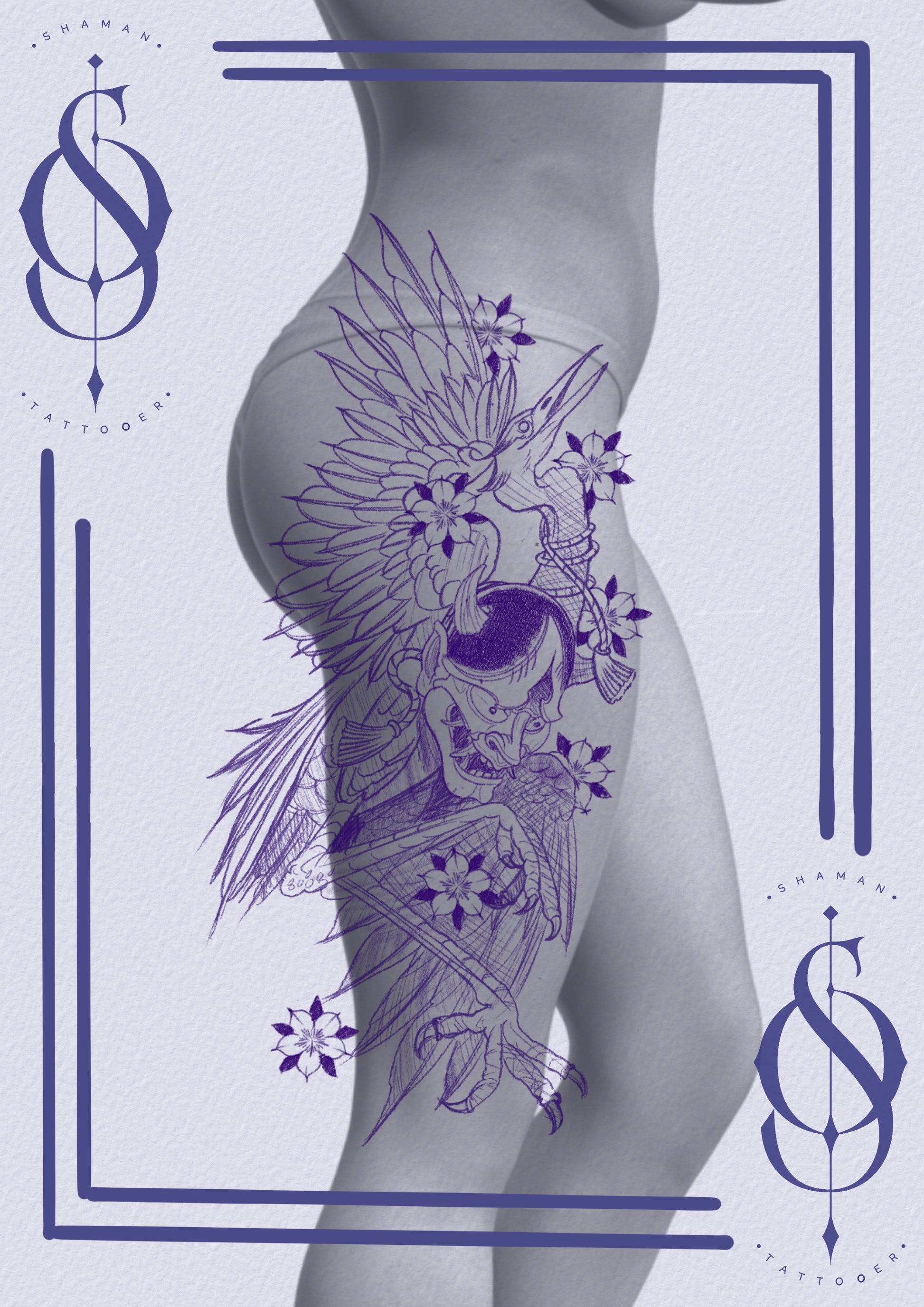 Tattoo design by Emmanuel featuring a crane in flight with a Hannya mask and cherry blossoms, drawn for three full-day colour sessions.

