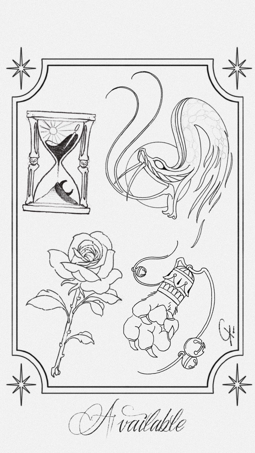Black and white tattoo flash sheet featuring surreal linework hourglass, rose, serpent, and glove by Raul Graciotti

