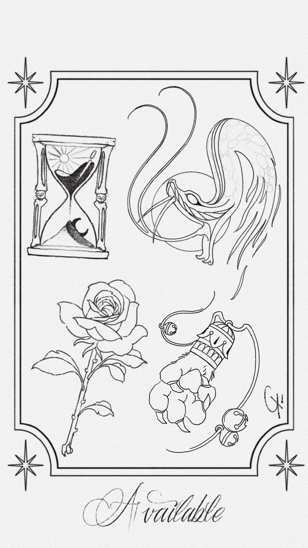 Black and white tattoo flash sheet featuring surreal linework hourglass, rose, serpent, and glove by Raul Graciotti

