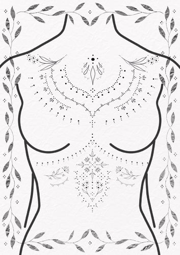 Ornamental chest and sternum tattoo design by Jess featuring symmetrical fine line detailing – The Ink Factory Dublin