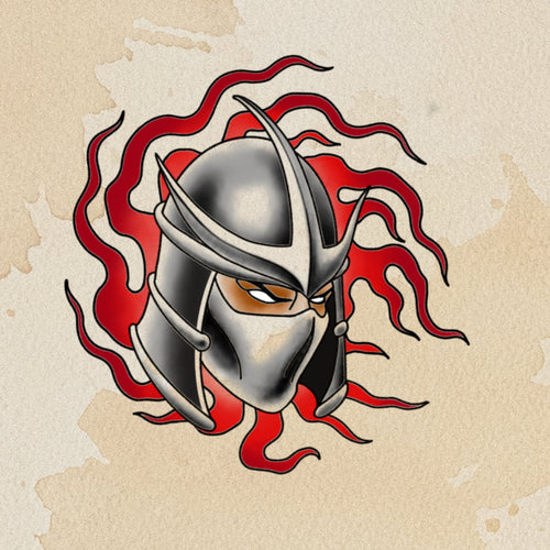 Shredder TMNT flash tattoo by Sham B in bold black and red style, featuring retro cartoon villain design, exclusive to The Ink Factory Dublin