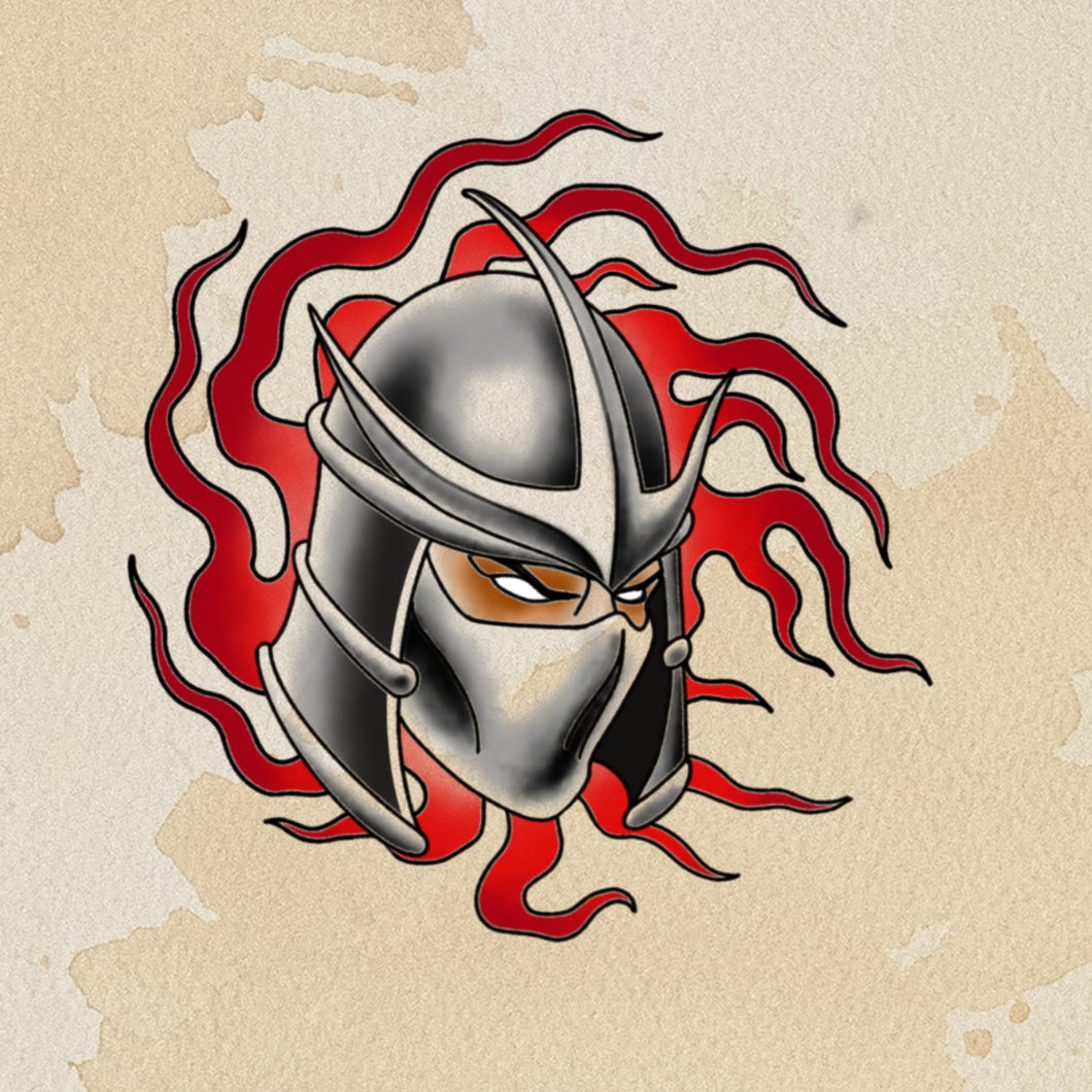 Shredder TMNT flash tattoo by Sham B in bold black and red style, featuring retro cartoon villain design, exclusive to The Ink Factory Dublin