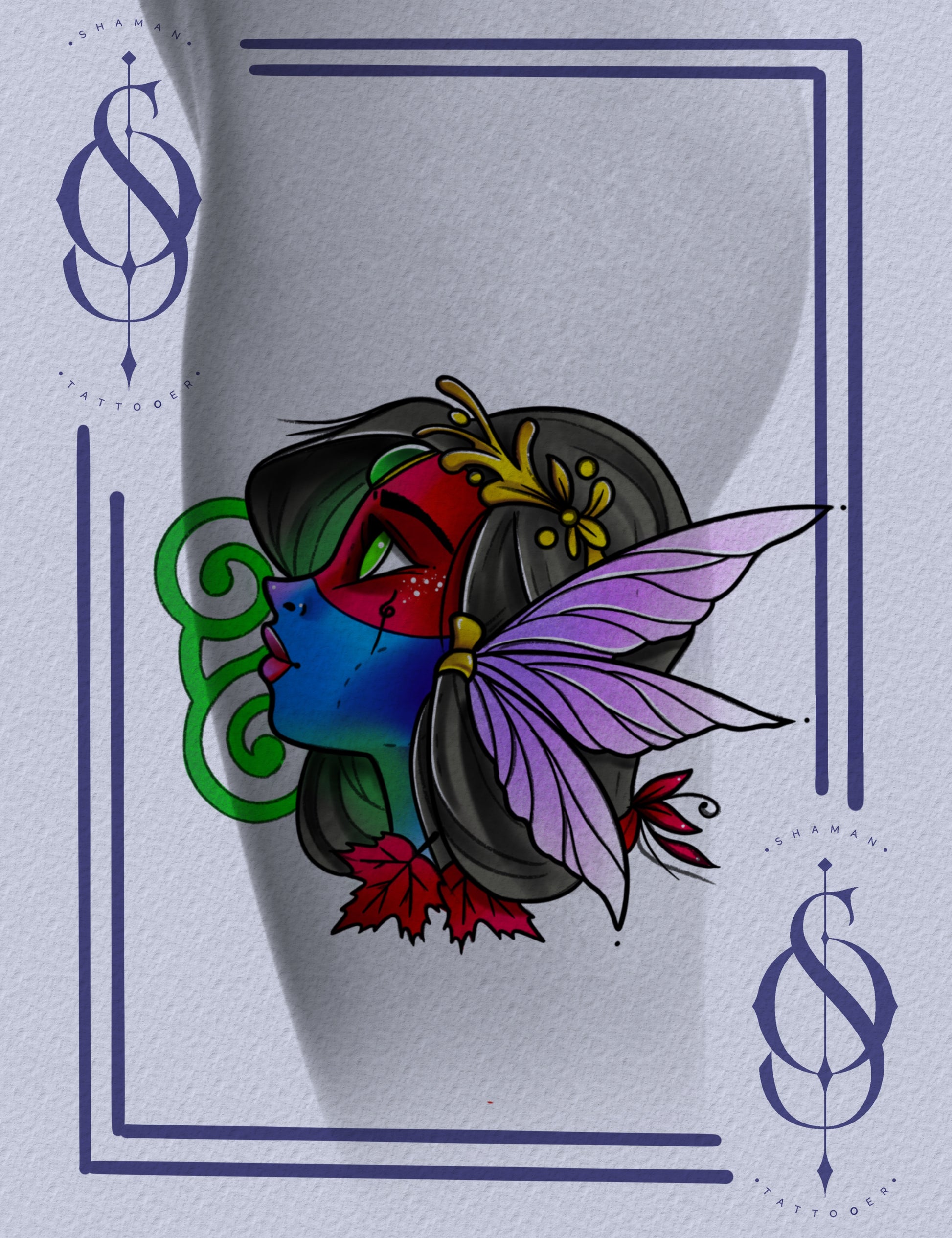 Tattoo design of a faerie woman by Emmanuel, inspired by Irish Sídh lore, with mask, leaves, and wings in vibrant colour.

