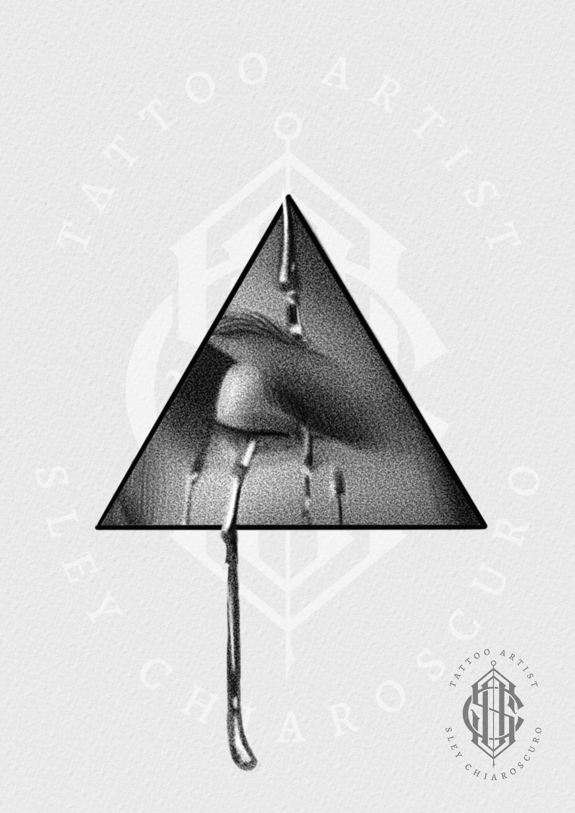 Tattoo design by Edi showing a surreal eye inside a black triangle with dripping abstract lines in fine dotwork


