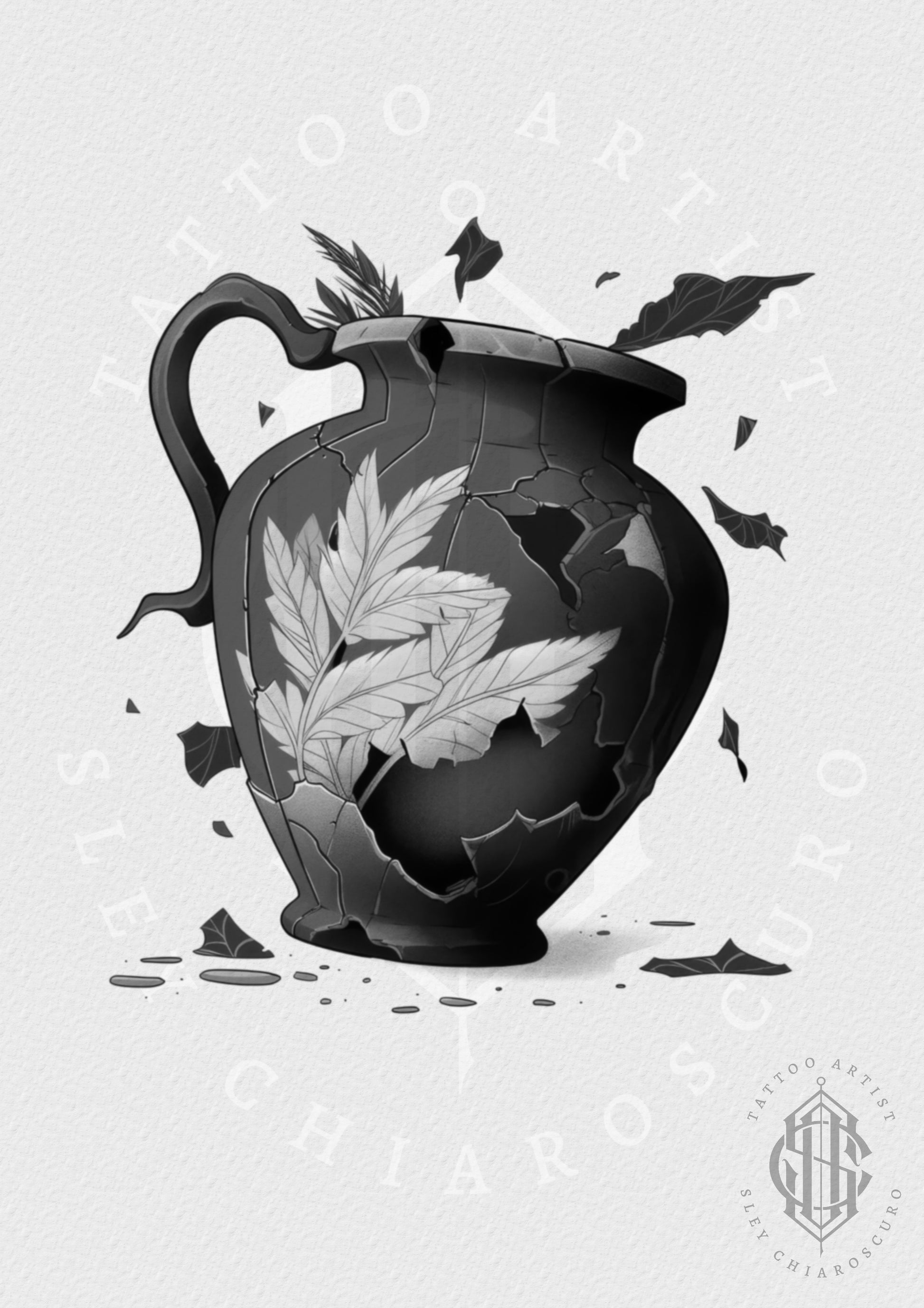 Tattoo design by Edi showing a black cracked urn with white botanical leaves emerging and fragments falling

