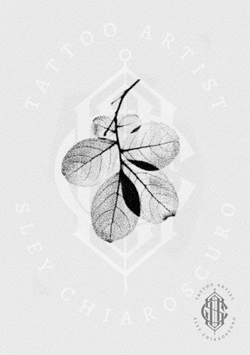 Minimalist dotwork tattoo design of a leaf branch by Edi, botanical fine-line style

