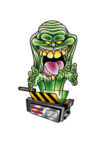 Slimer Ghostbusters flash tattoo by Sham B in bold black and red, featuring the iconic ghost in a traditional flash style, exclusive to The Ink Factory Dublin