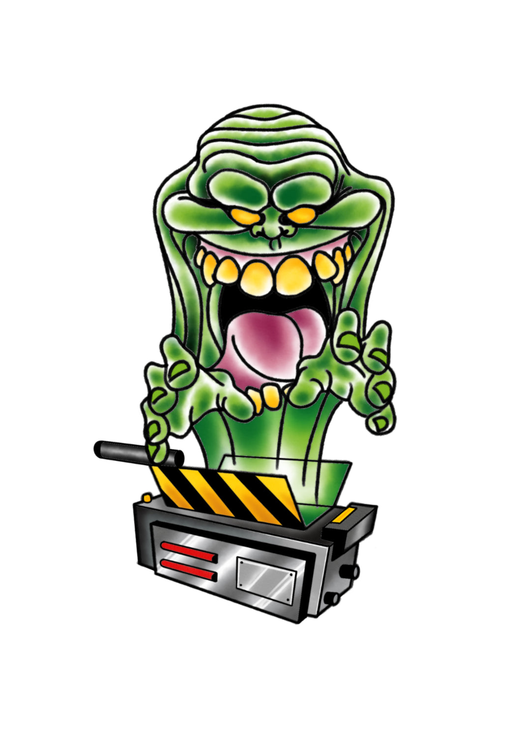 Slimer Ghostbusters flash tattoo by Sham B in bold black and red, featuring the iconic ghost in a traditional flash style, exclusive to The Ink Factory Dublin