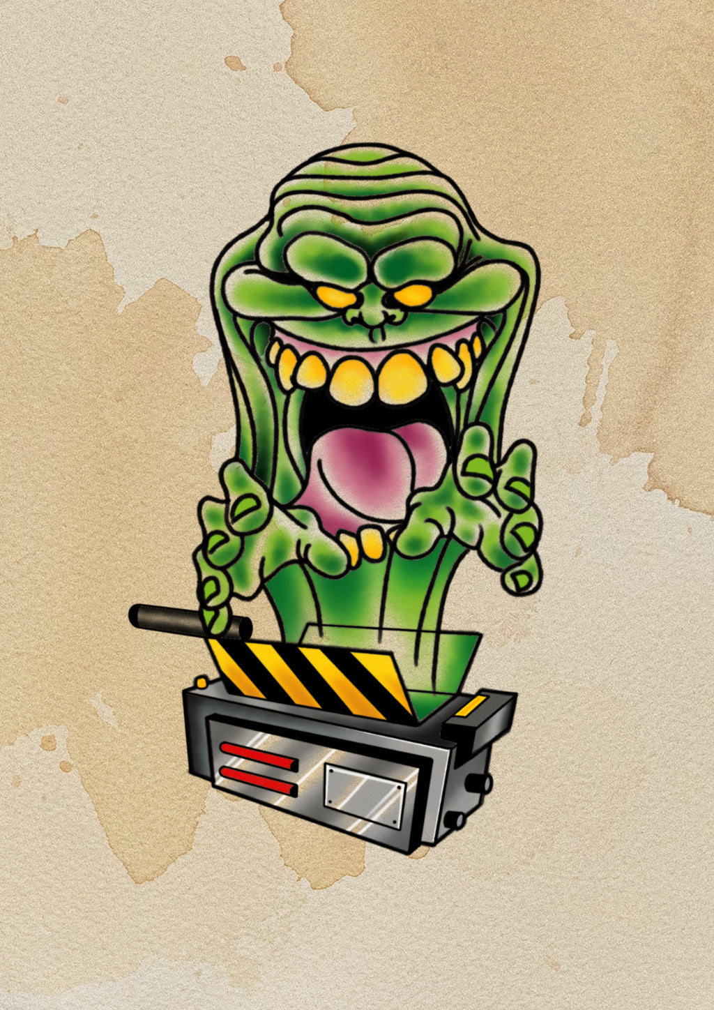 Slimer Ghostbusters flash tattoo by Sham B in bold black and red, featuring the iconic ghost in a traditional flash style