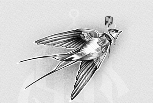 Tattoo design by Edi of a flying swallow wearing a collar, holding a cigarette, in vintage-style linework and shading

