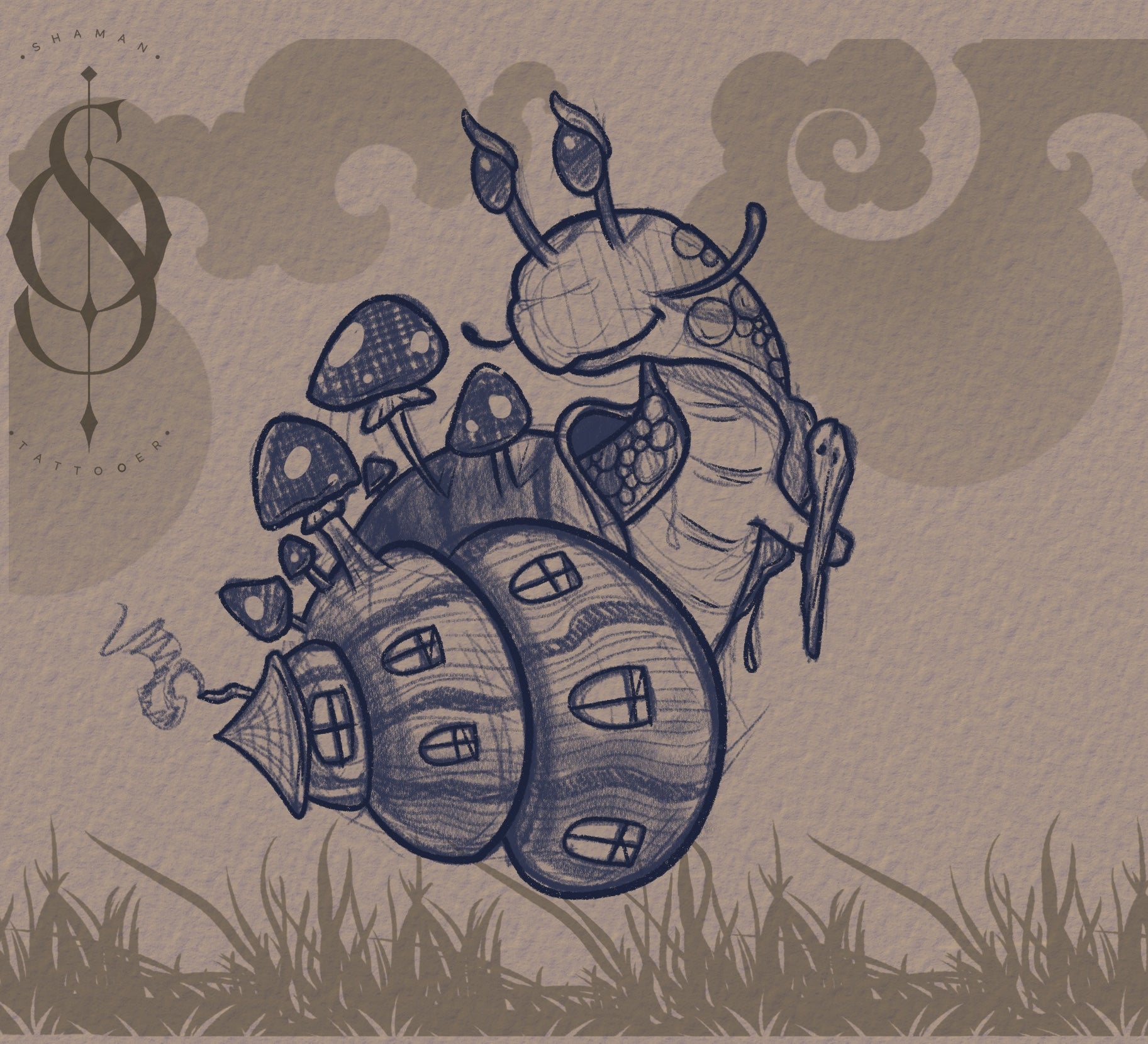 Whimsical snail tattoo design by Emmanuel carrying mushroom houses on its shell, full-day colour session, exclusive flash.

