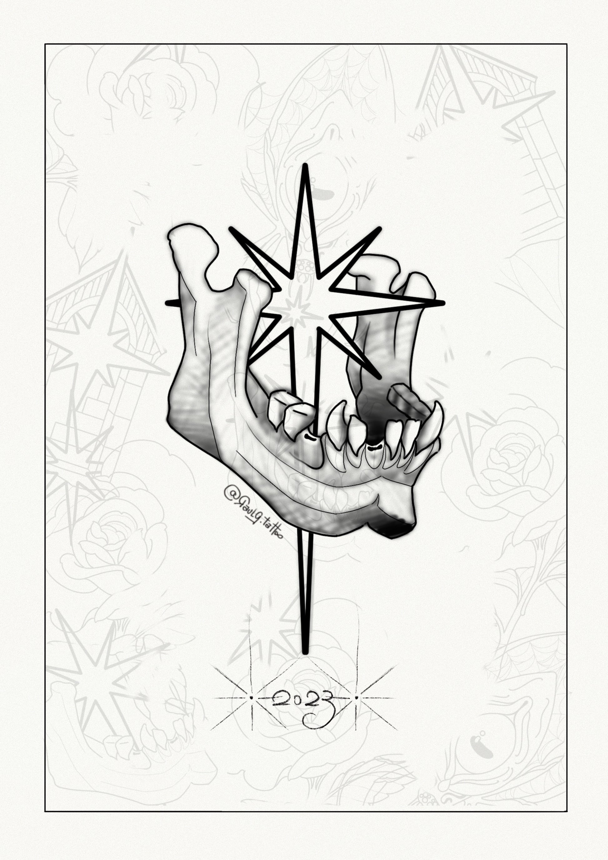 Tattoo design featuring anatomical jaw with large starburst symbol in black and grey by Raul Graciotti

