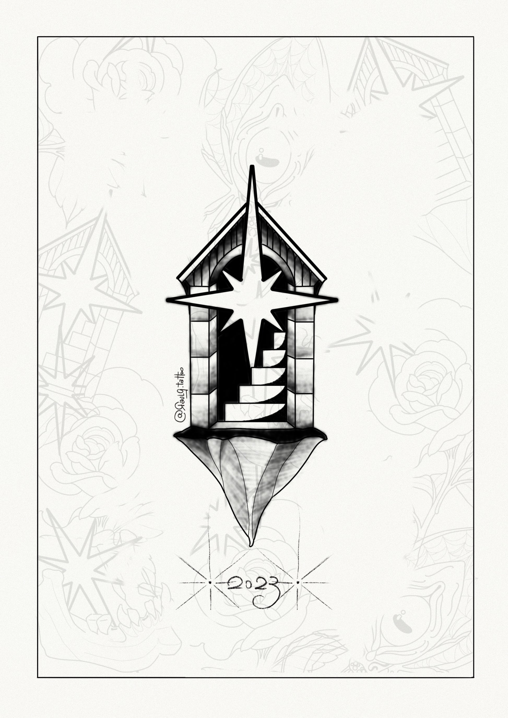 Tattoo design of staircase inside pointed tower with bright starburst in black and grey surreal style by Raul Graciotti

