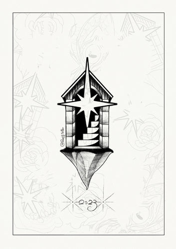 Tattoo design of staircase inside pointed tower with bright starburst in black and grey surreal style by Raul Graciotti

