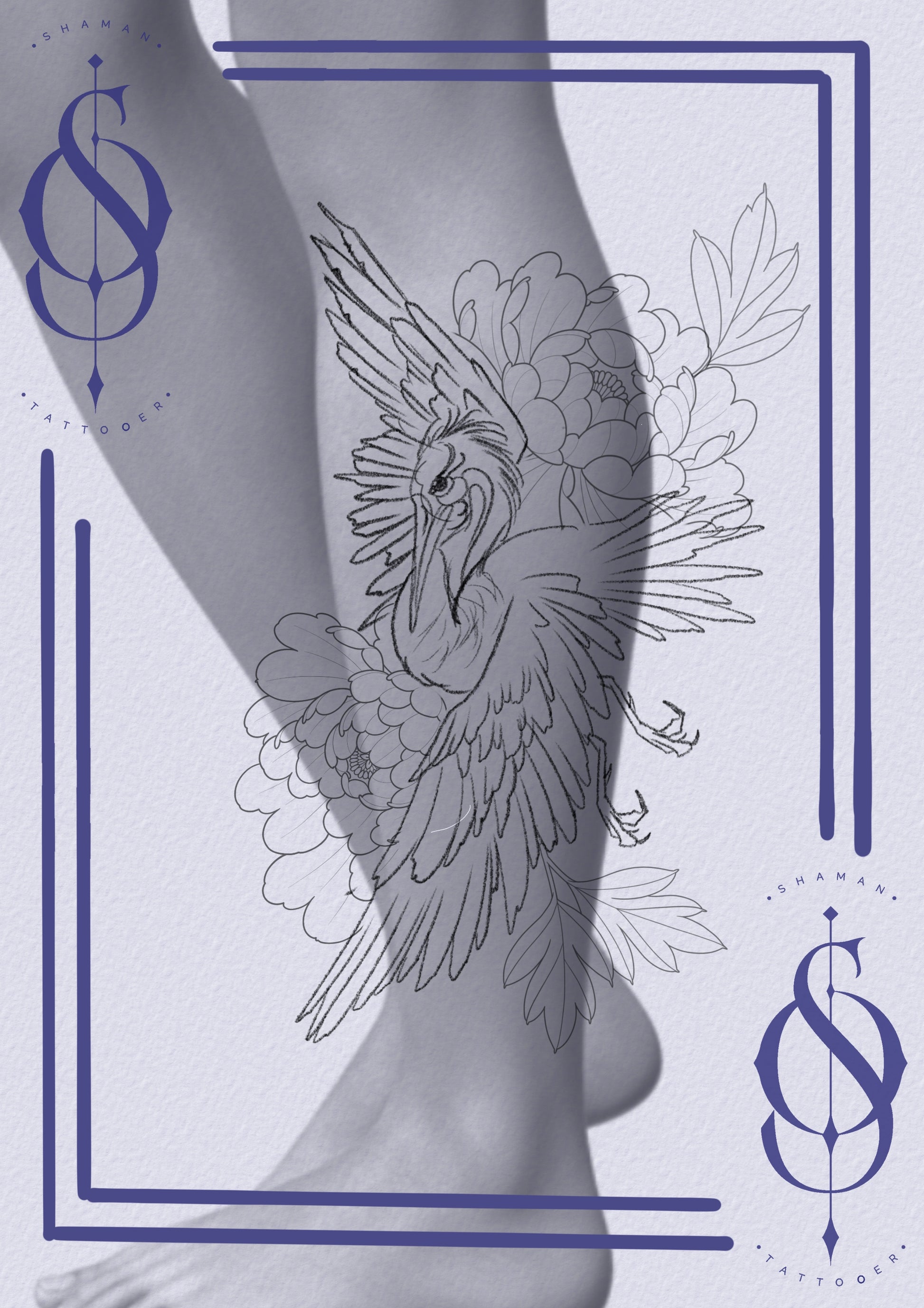 Tattoo design by Emmanuel of a crane with peonies, created for two full-day colour sessions, exclusive to The Ink Factory Dublin.

