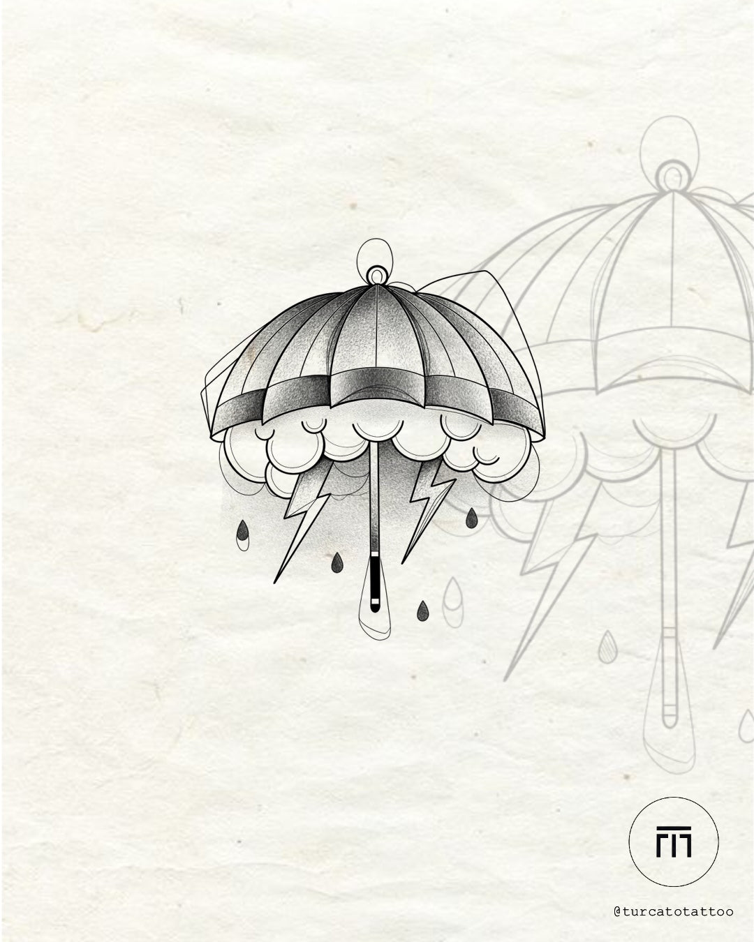 Storm Shelter flash tattoo with umbrella and lightning by Mateus T. – blackwork design at The Ink Factory Dublin

