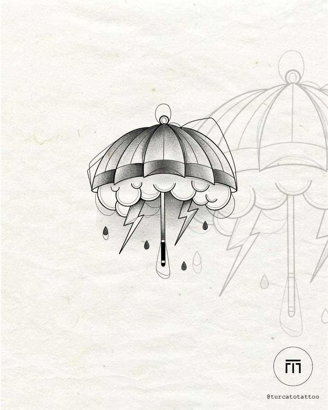 Storm Shelter flash tattoo with umbrella and lightning by Mateus T. – blackwork design at The Ink Factory Dublin

