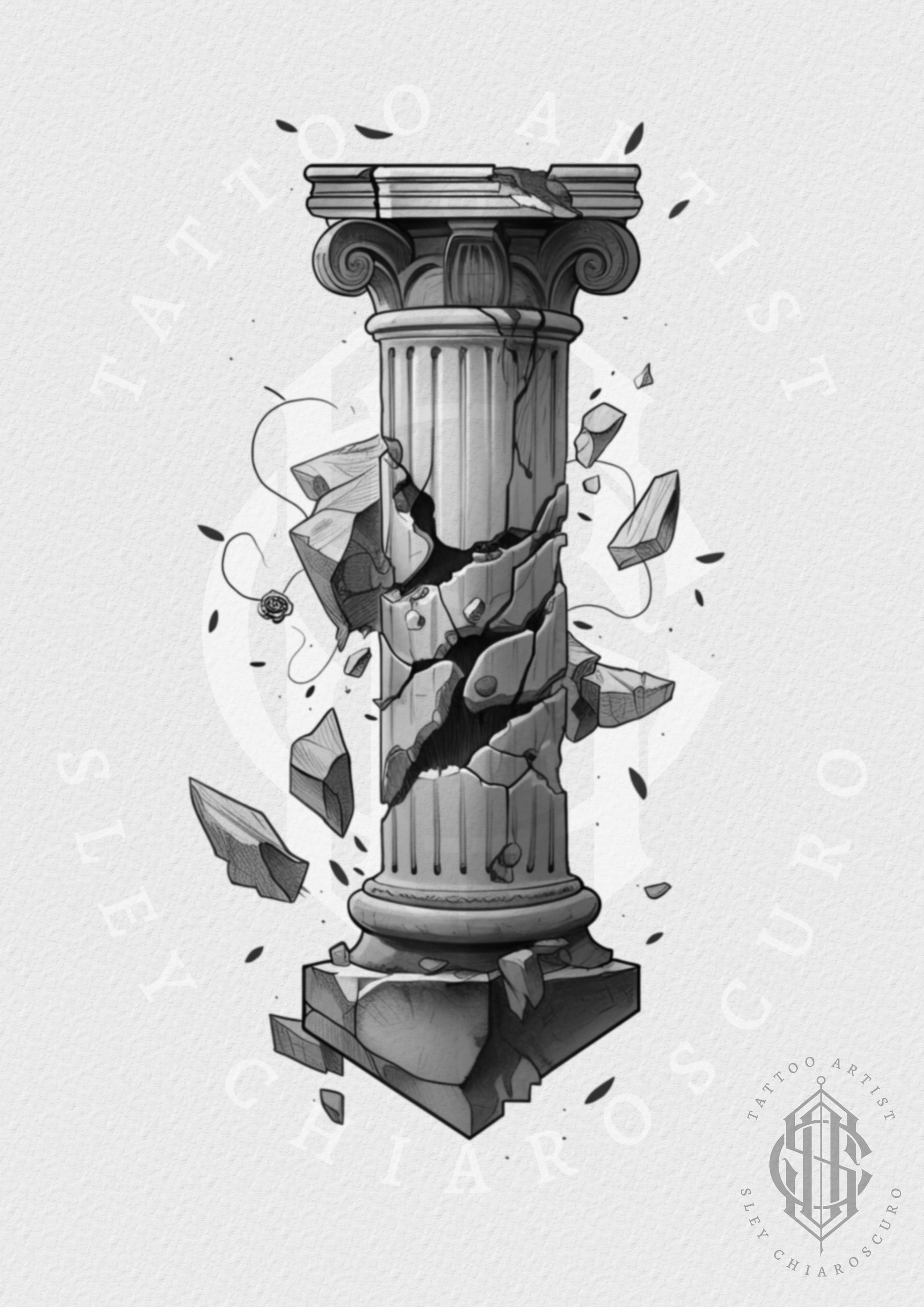 Tattoo design by Edi showing a cracked and collapsing classical pillar with flying fragments and falling leaves in black and grey style

