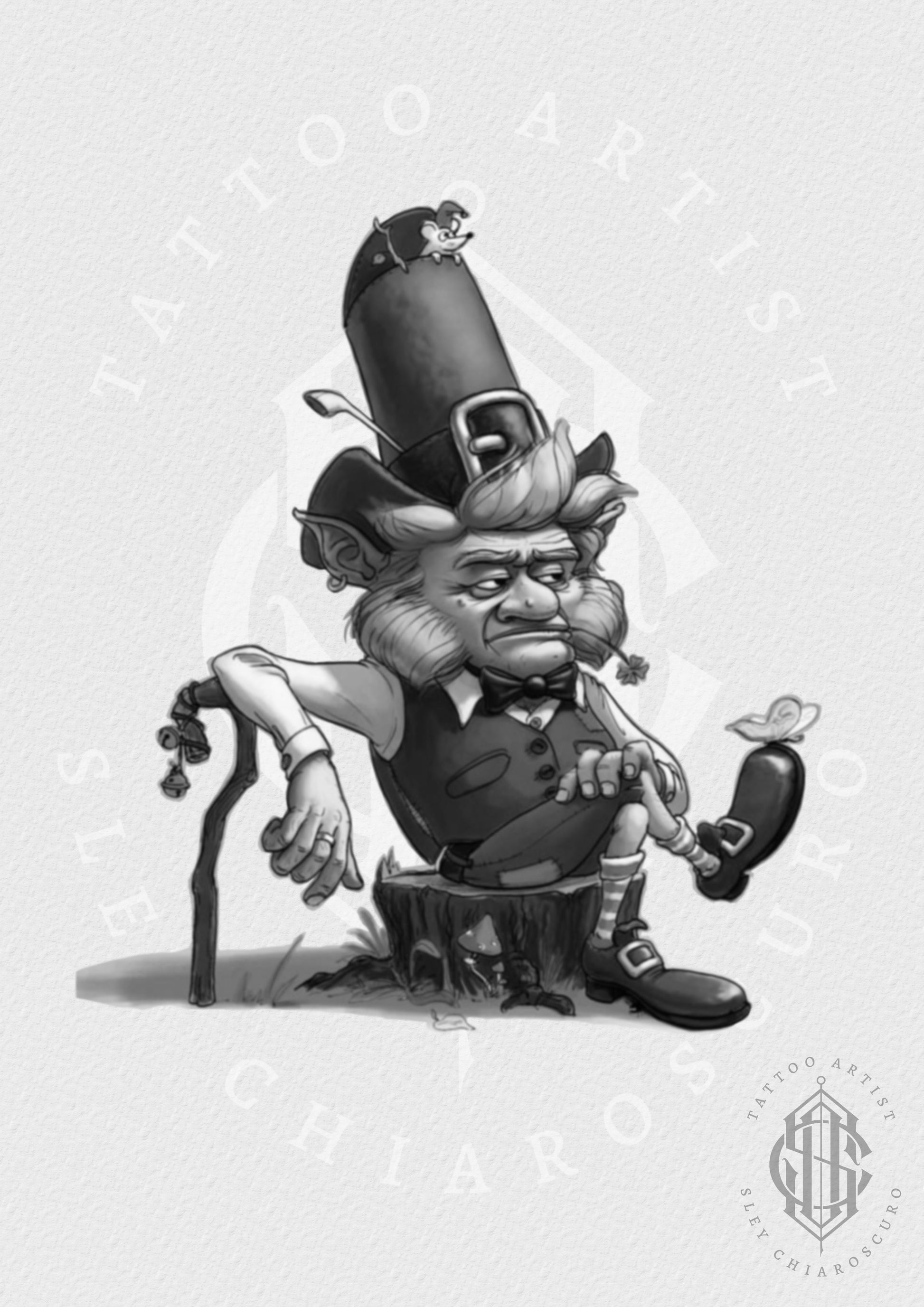 Tattoo design by Edi featuring a grumpy leprechaun character sitting on a stump with a bird on his foot in black and grey cartoon style

