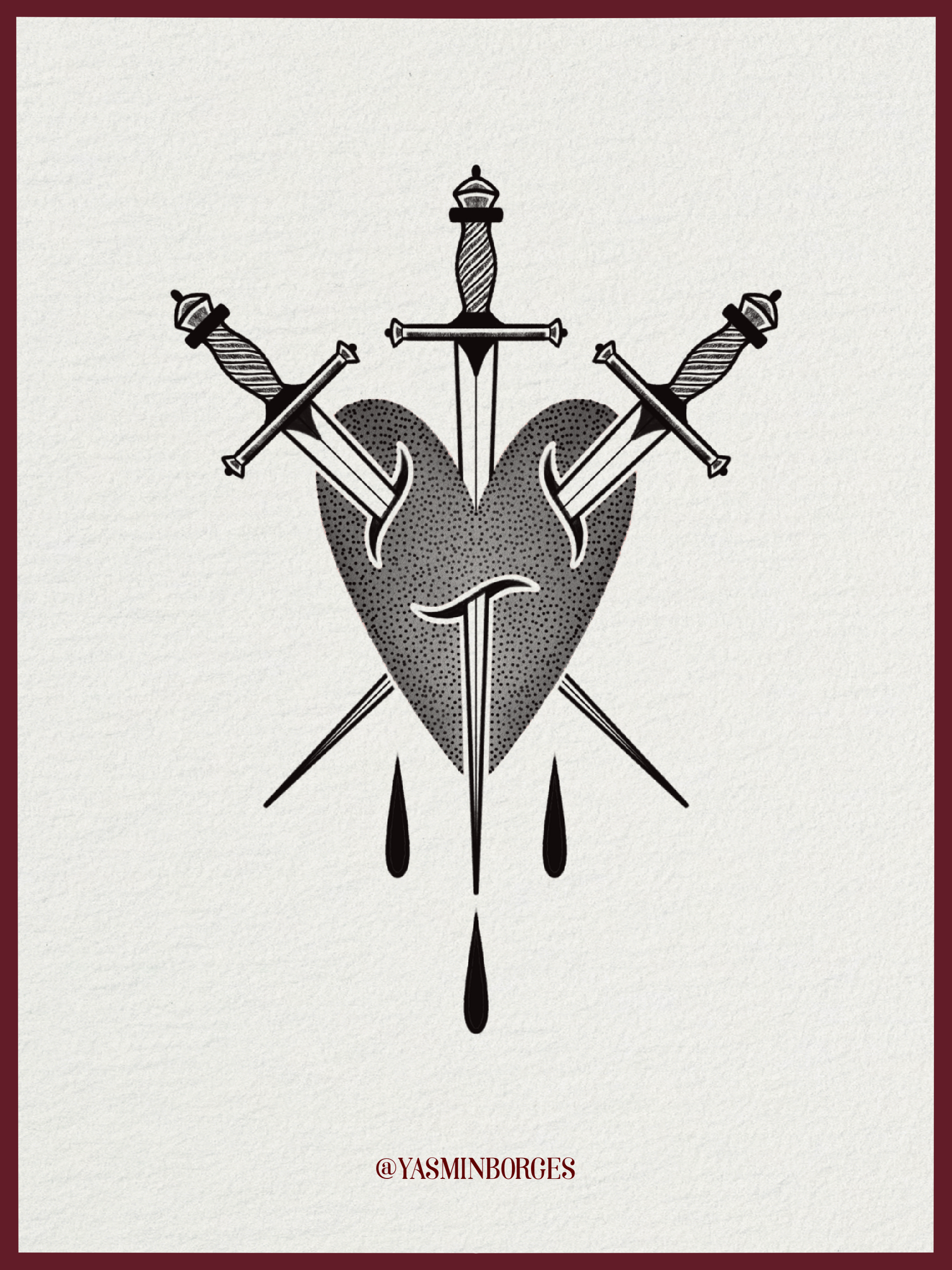 Three of Swords fine line tarot-inspired tattoo design by Yasmin Borges – available at The Ink Factory Dublin
