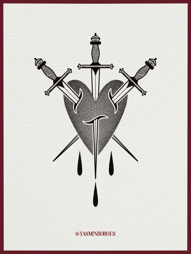 Three of Swords fine line tarot-inspired tattoo design by Yasmin Borges – available at The Ink Factory Dublin