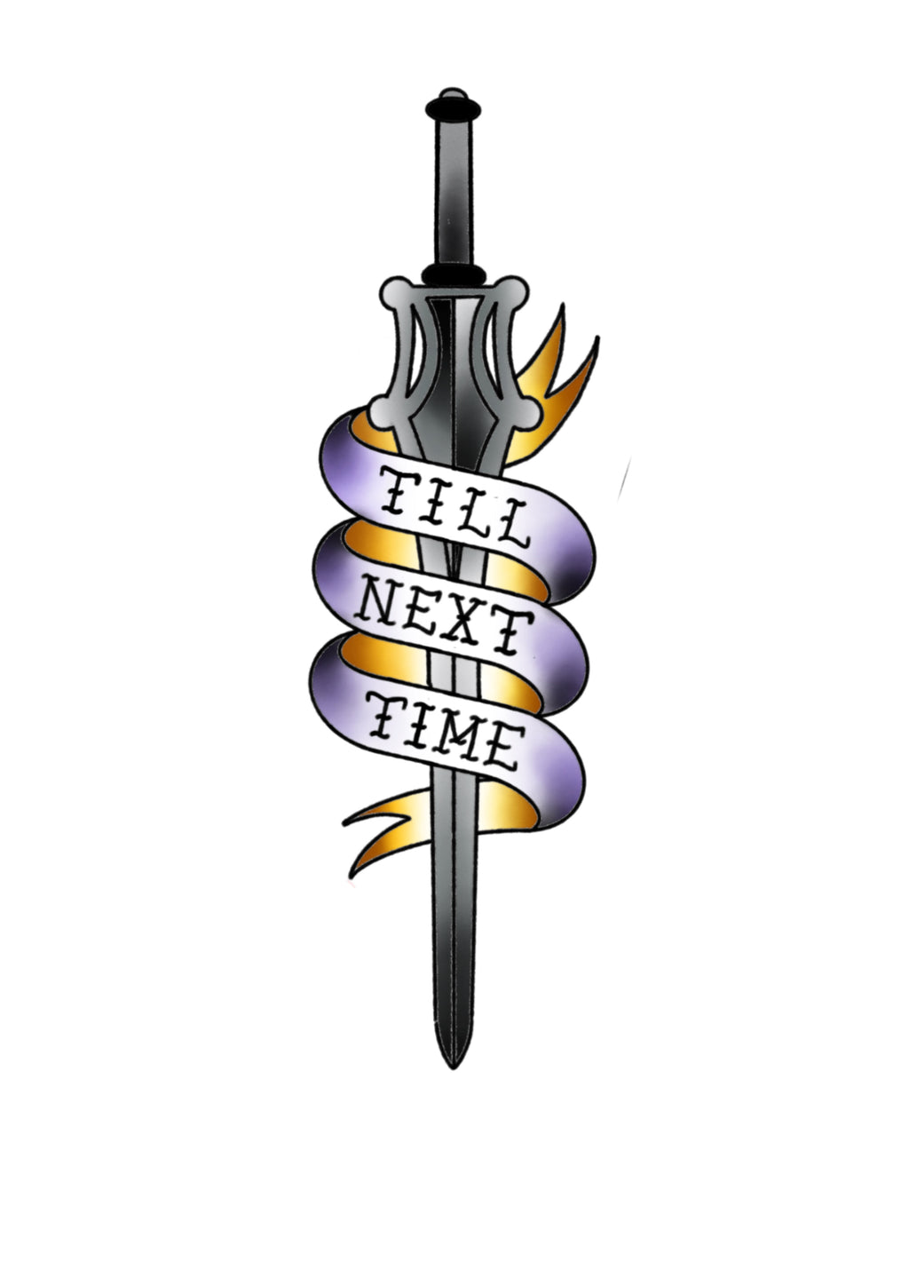 Till Next Time sword and scroll flash tattoo by Sham B in bold black and red, inspired by He-Man and 80s cartoons